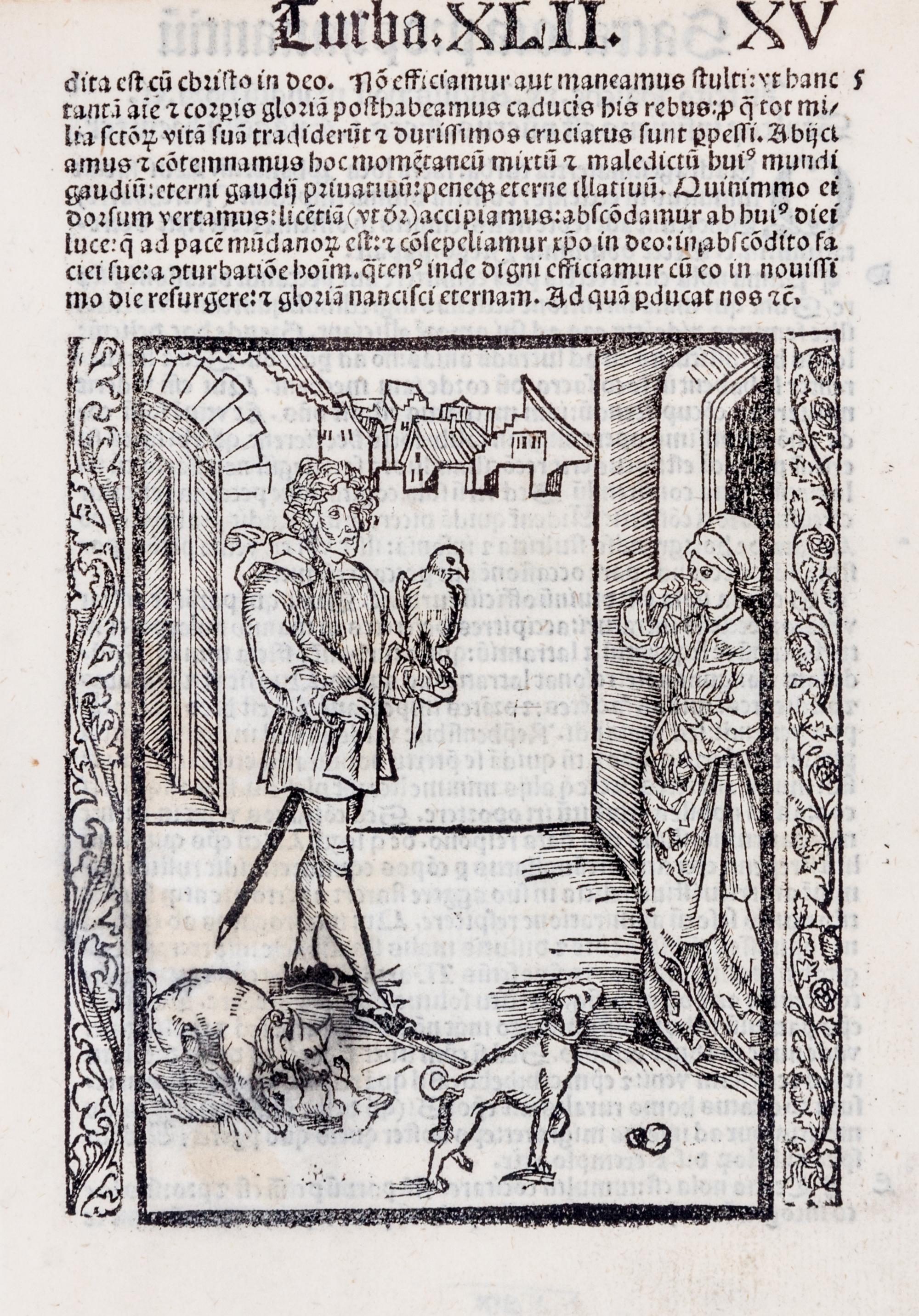 Albrecht Durer, (German, 1471-1528), The Fanatical Falcon and Dog Lover (from Ship of Fools), 1511