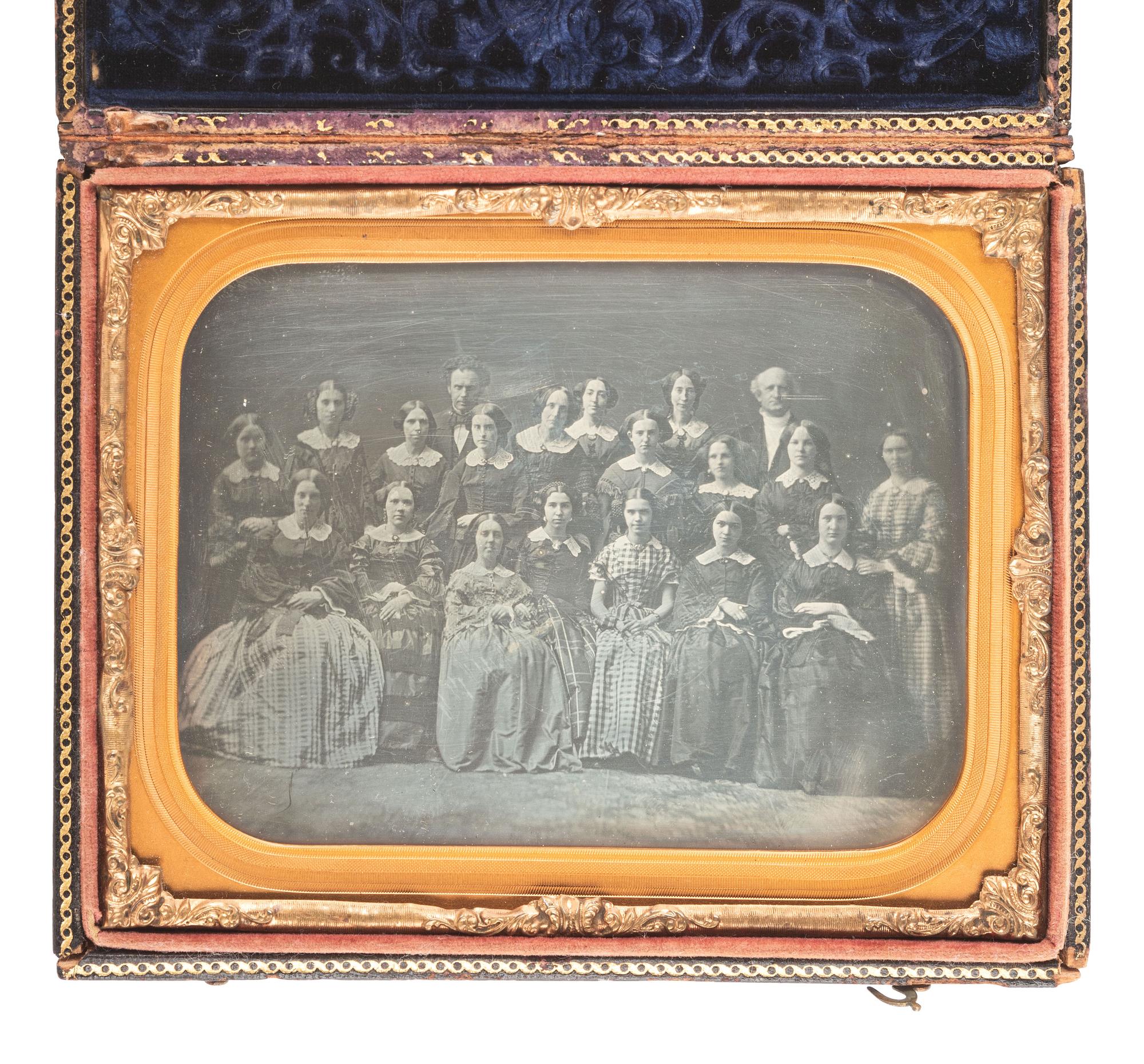 [EARLY PHOTOGRAPHY]. A pair of half plate daguerreotypes featuring groups of women, incl. a portrait of a large female class and a smaller group portrait by MEAD BROTHERS, NY.