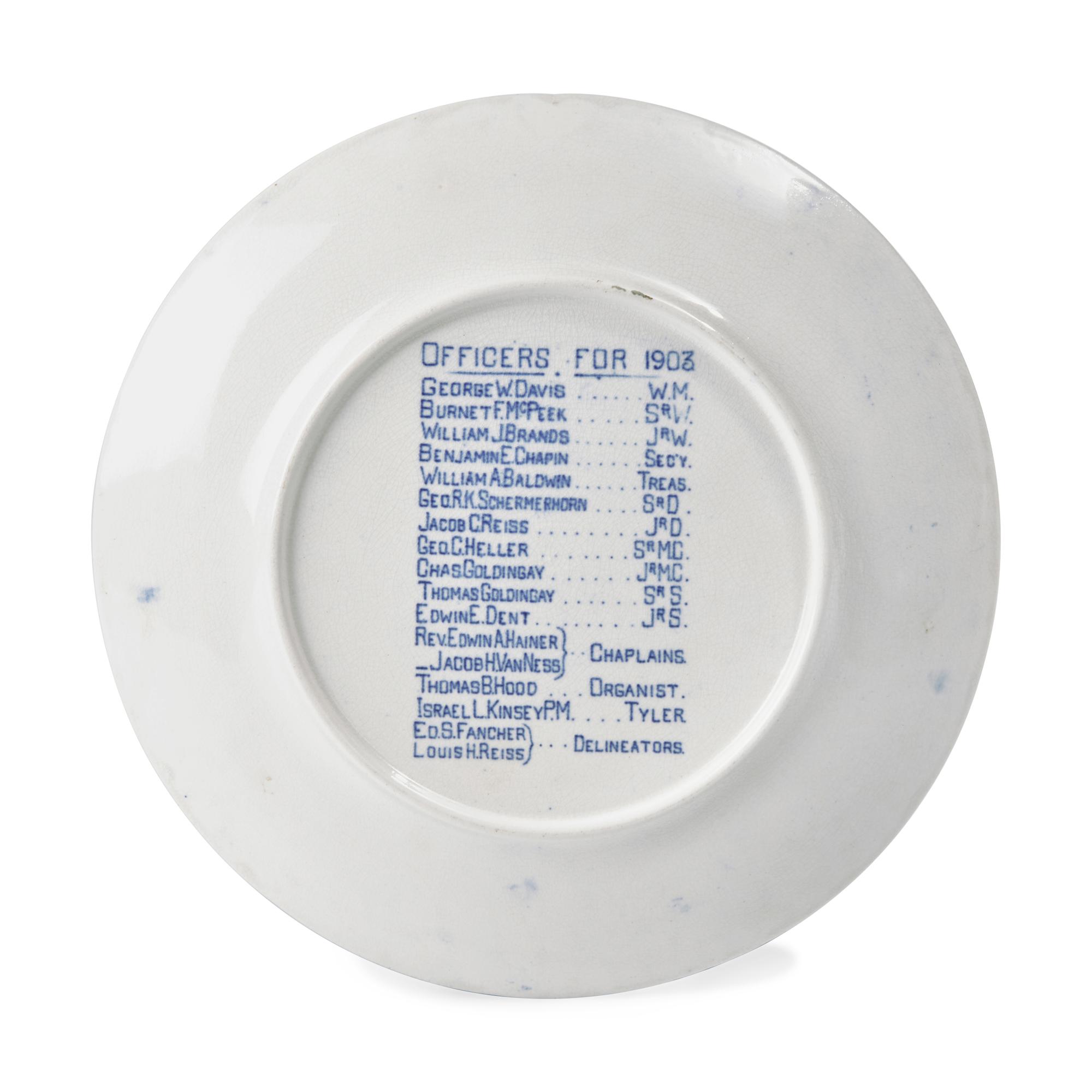 A Blue and White Transfer-Decorated Masonic Plate for Northern Lodge, Newark, New Jersey