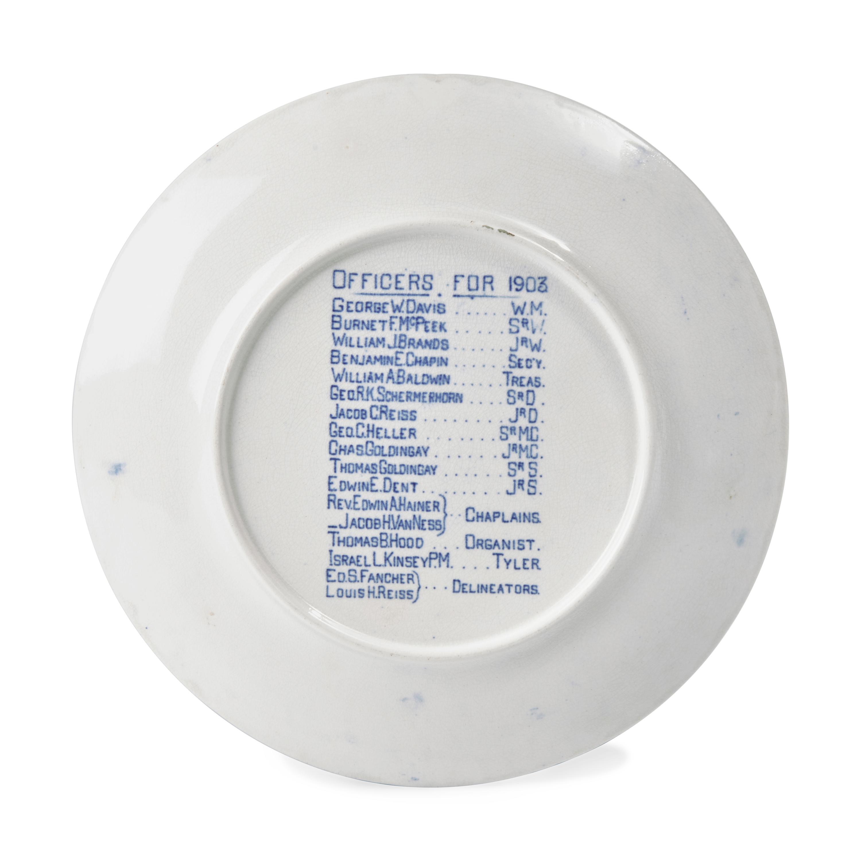 A Blue and White Transfer-Decorated Masonic Plate for Northern Lodge, Newark, New Jersey
