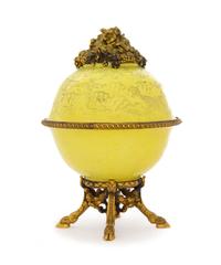 A Chinese Gilt Bronze Mounted Yellow Glazed Porcelain Covered Vessel Height overall 8 3/4 inches. — PORCELAIN: QING DYNASTY (1644-1911)