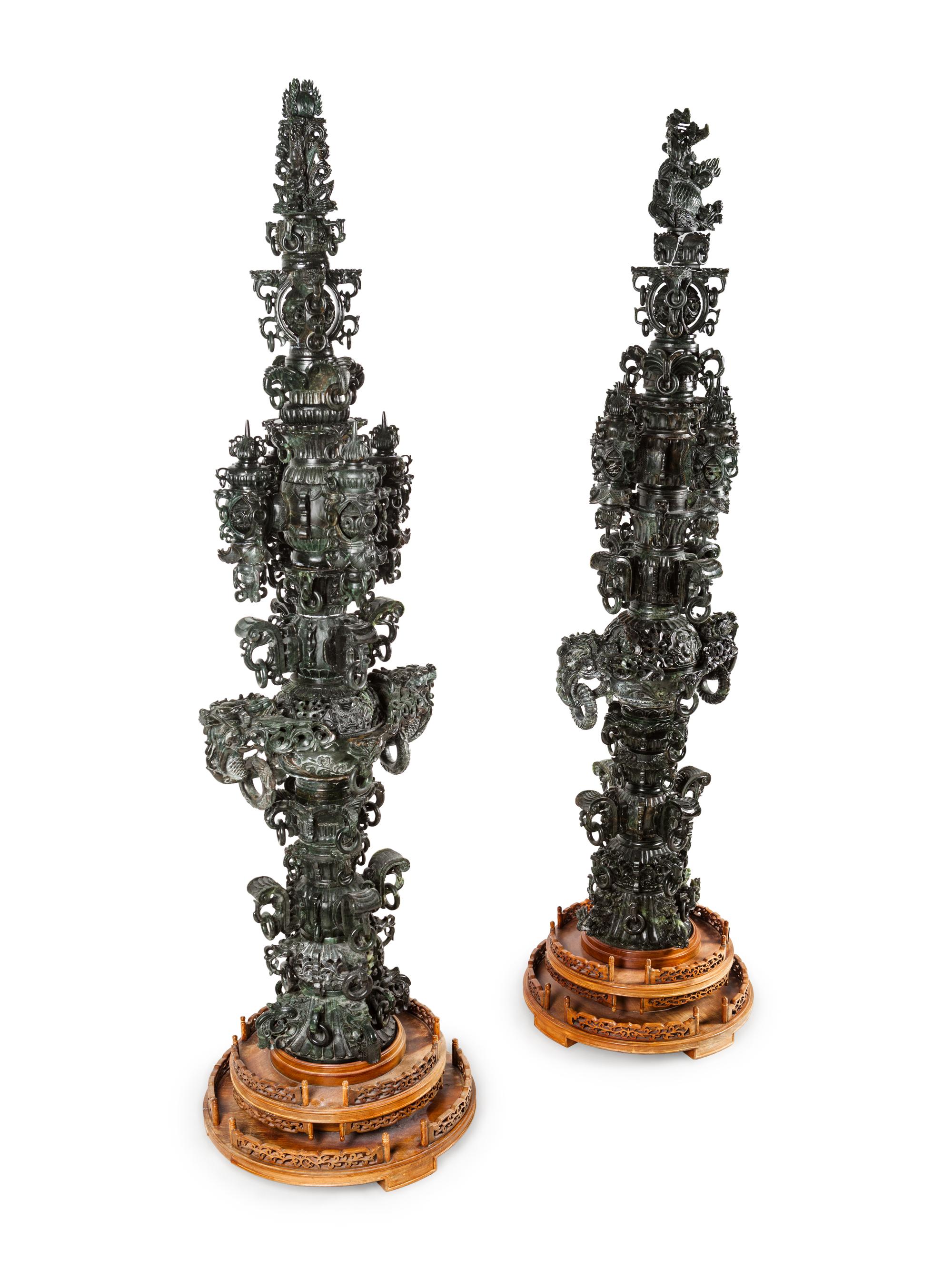 A Pair of Large Chinese Export Carved Hardstone Vessels