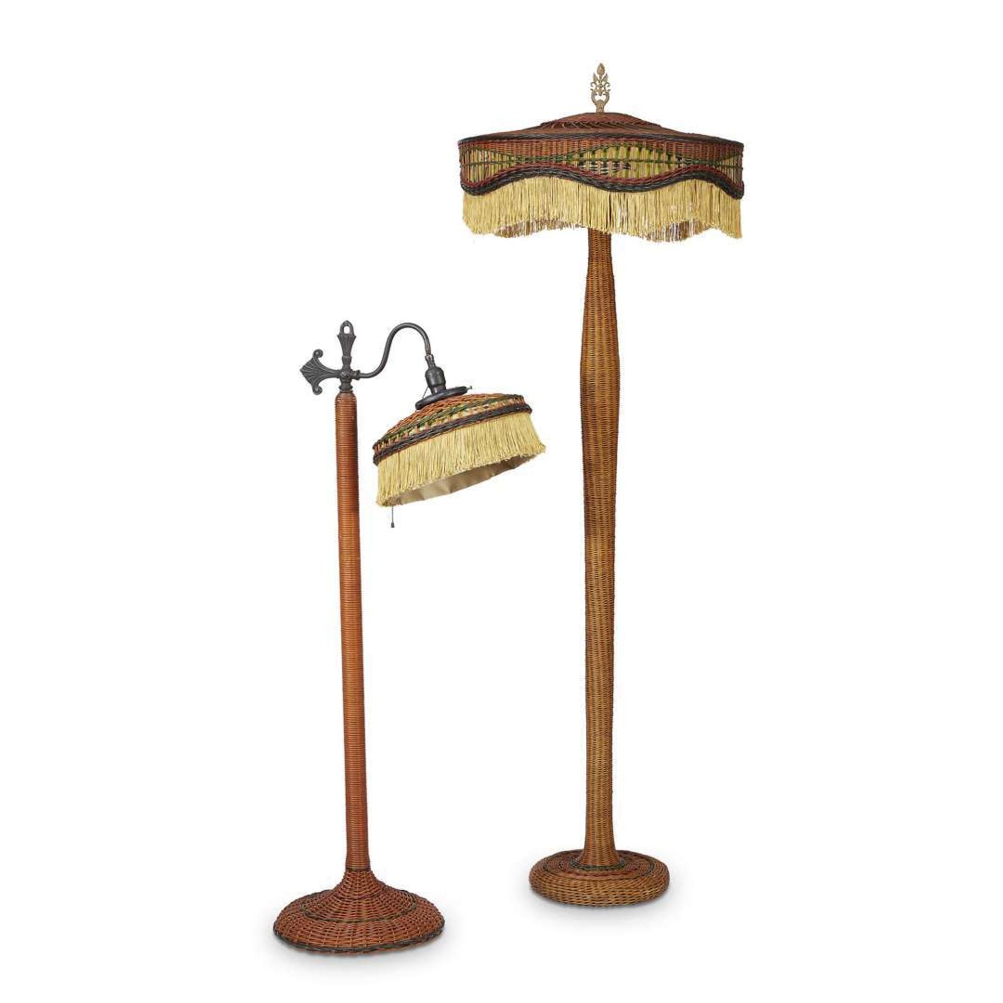 Two polychrome painted wicker floor lamps american, circa 1910