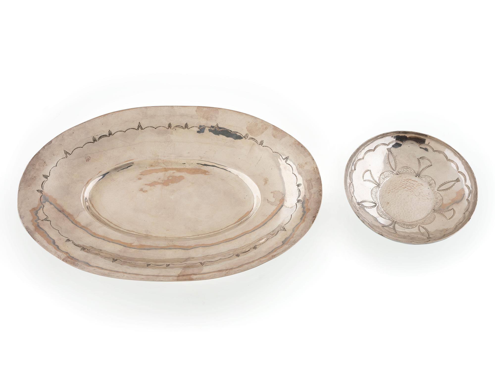Pair of Navajo or Pueblo Stamped Silver Serving Dishes