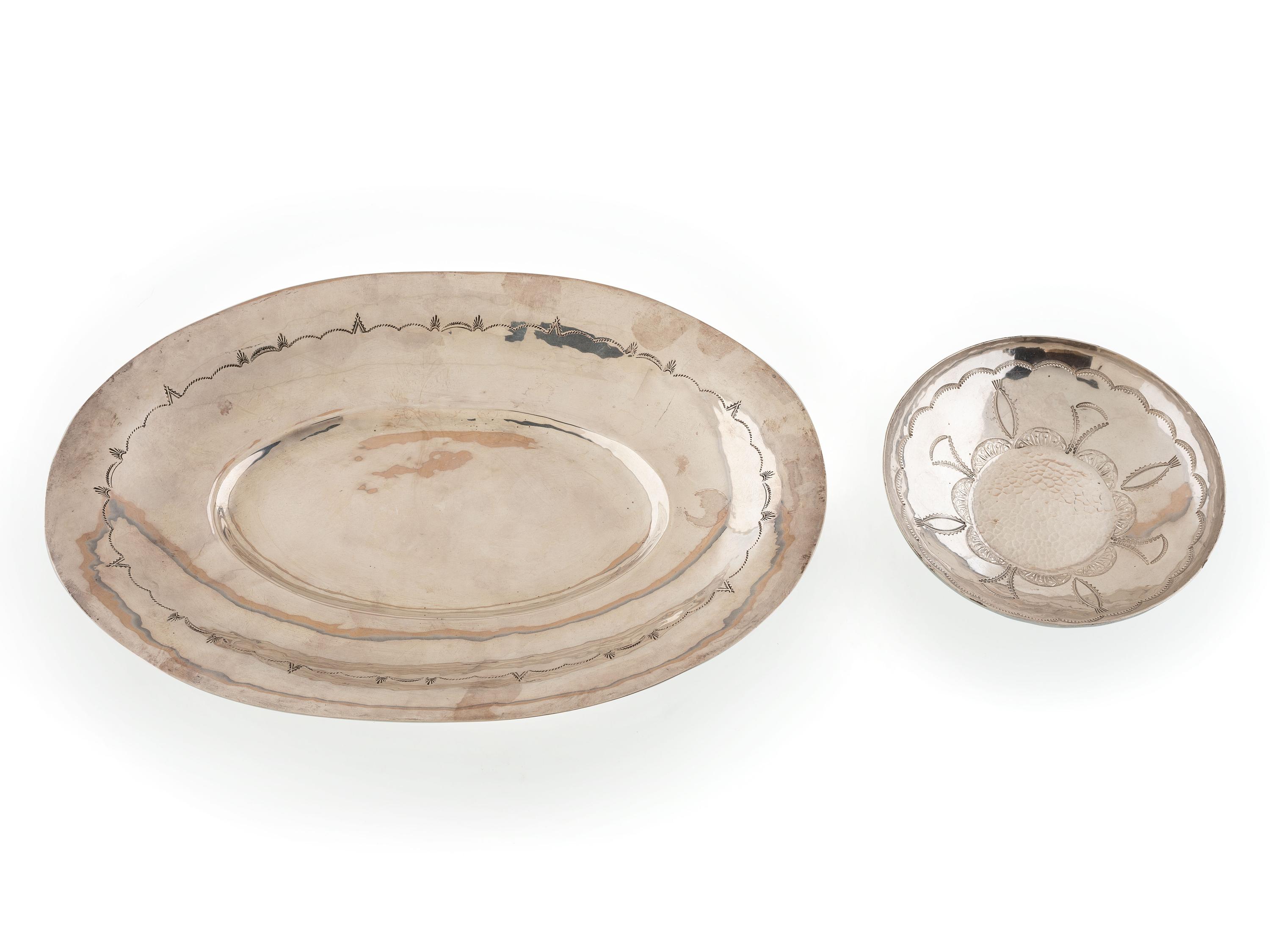Pair of Navajo or Pueblo Stamped Silver Serving Dishes