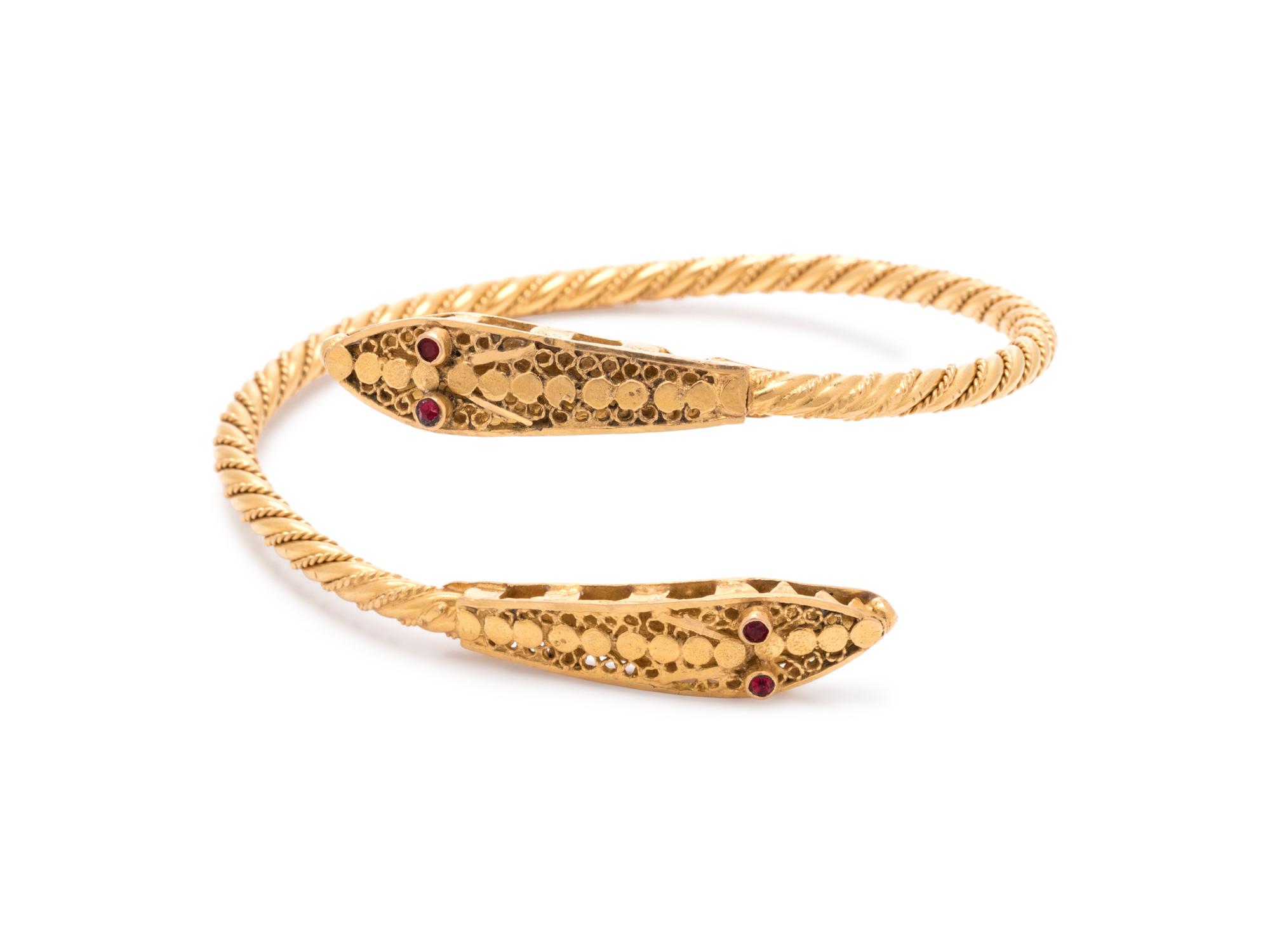 YELLOW GOLD AND GARNET SNAKE CUFF BRACELET