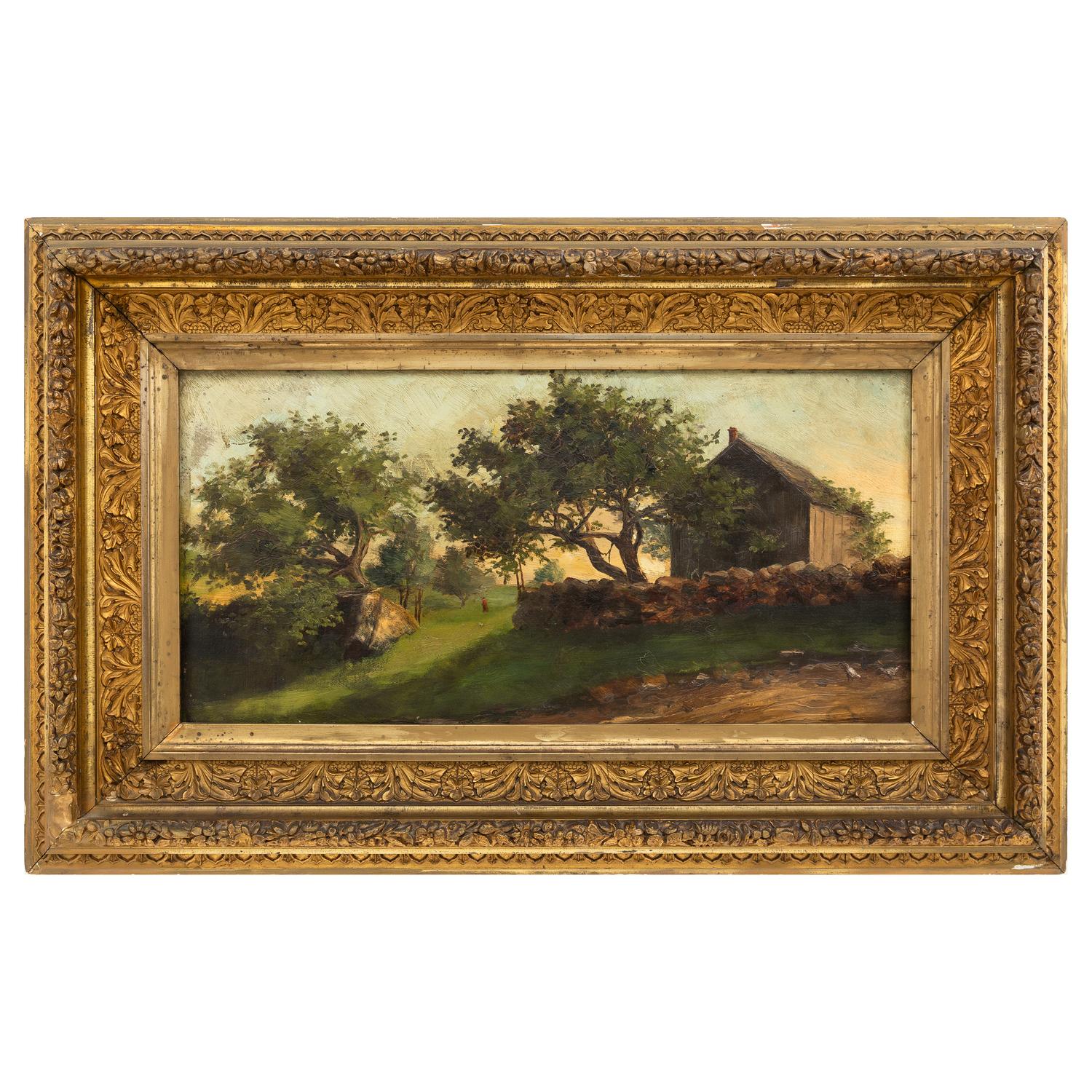 French School Late 19th Century — Farmhouse in a landscape with figure and chickens