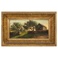 French School Late 19th Century — Farmhouse in a landscape with figure and chickens