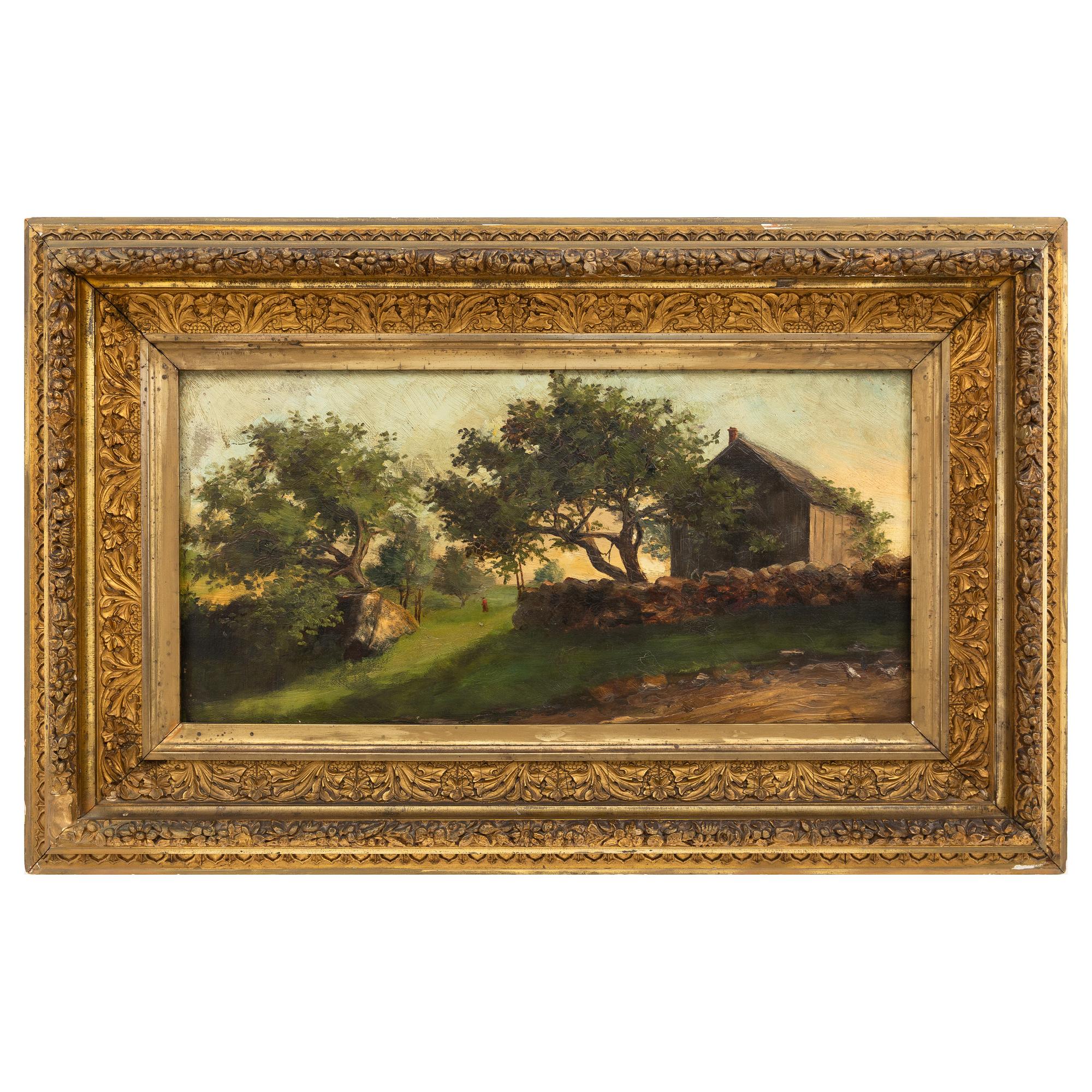 French School Late 19th Century — Farmhouse in a landscape with figure and chickens