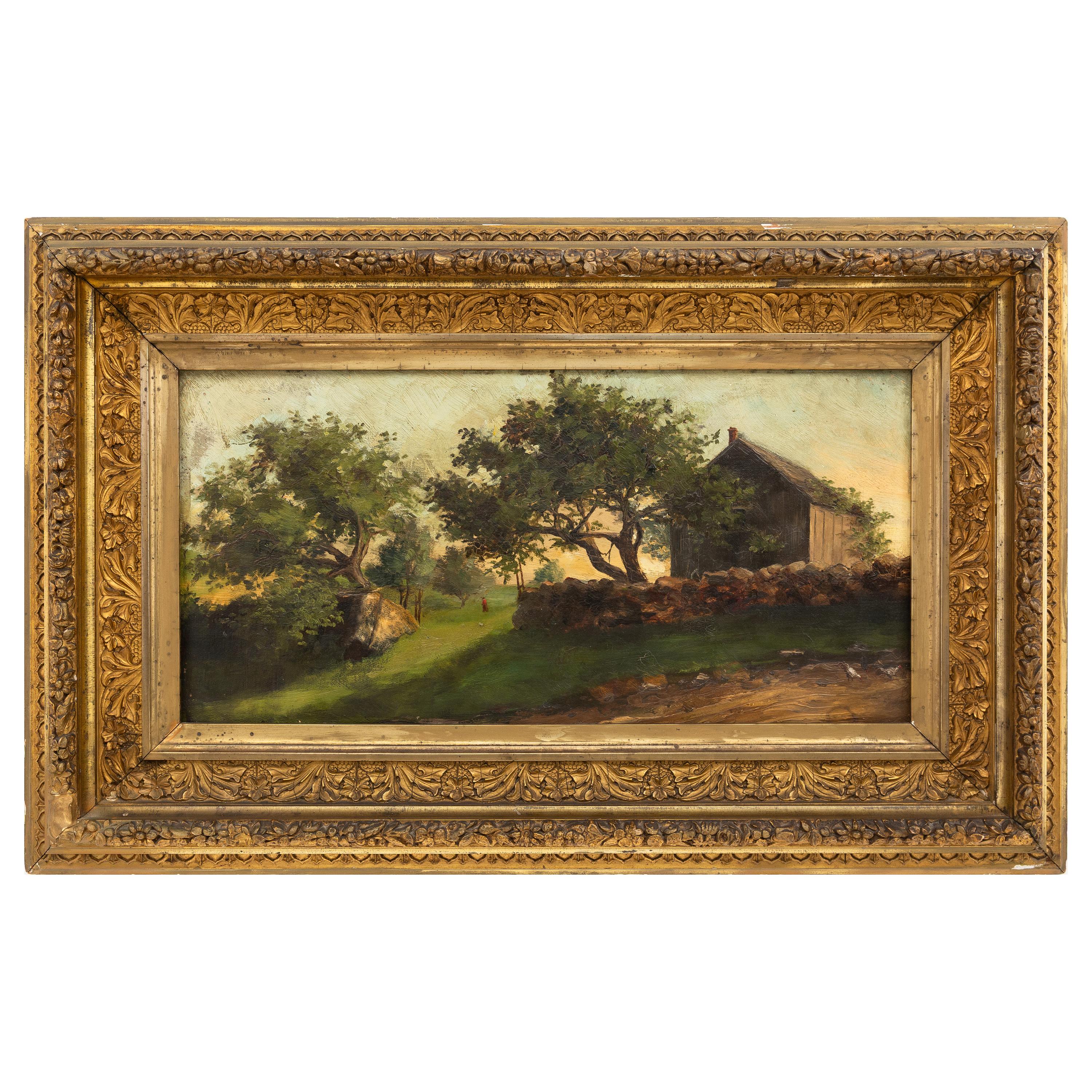 French School Late 19th Century — Farmhouse in a landscape with figure and chickens