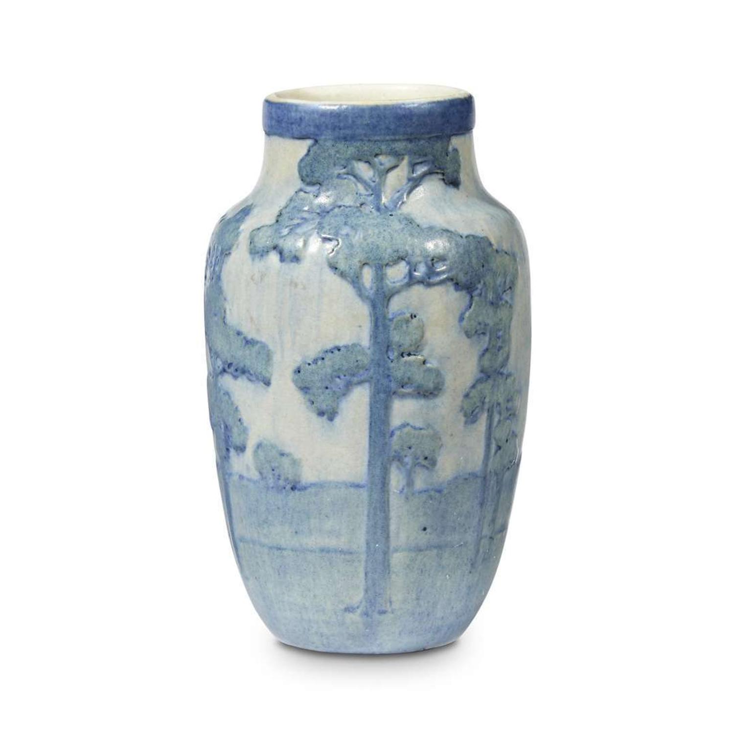 Sadie Irvine for Newcomb College Pottery scenic landscape vase, new orleans, louisiana, 1917