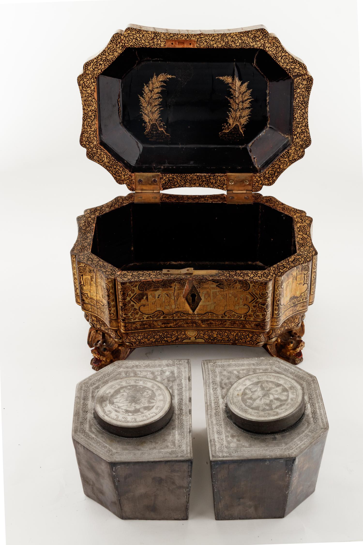 A Chinese Export Gilt Decorated Black Lacquer Tea Caddy