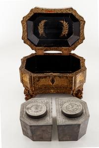 A Chinese Export Gilt Decorated Black Lacquer Tea Caddy