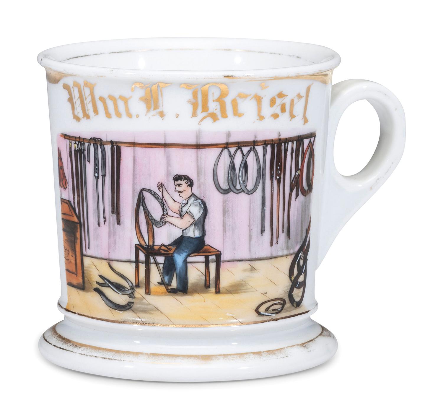 A Harness Maker's Porcelain Occupational Shaving Mug