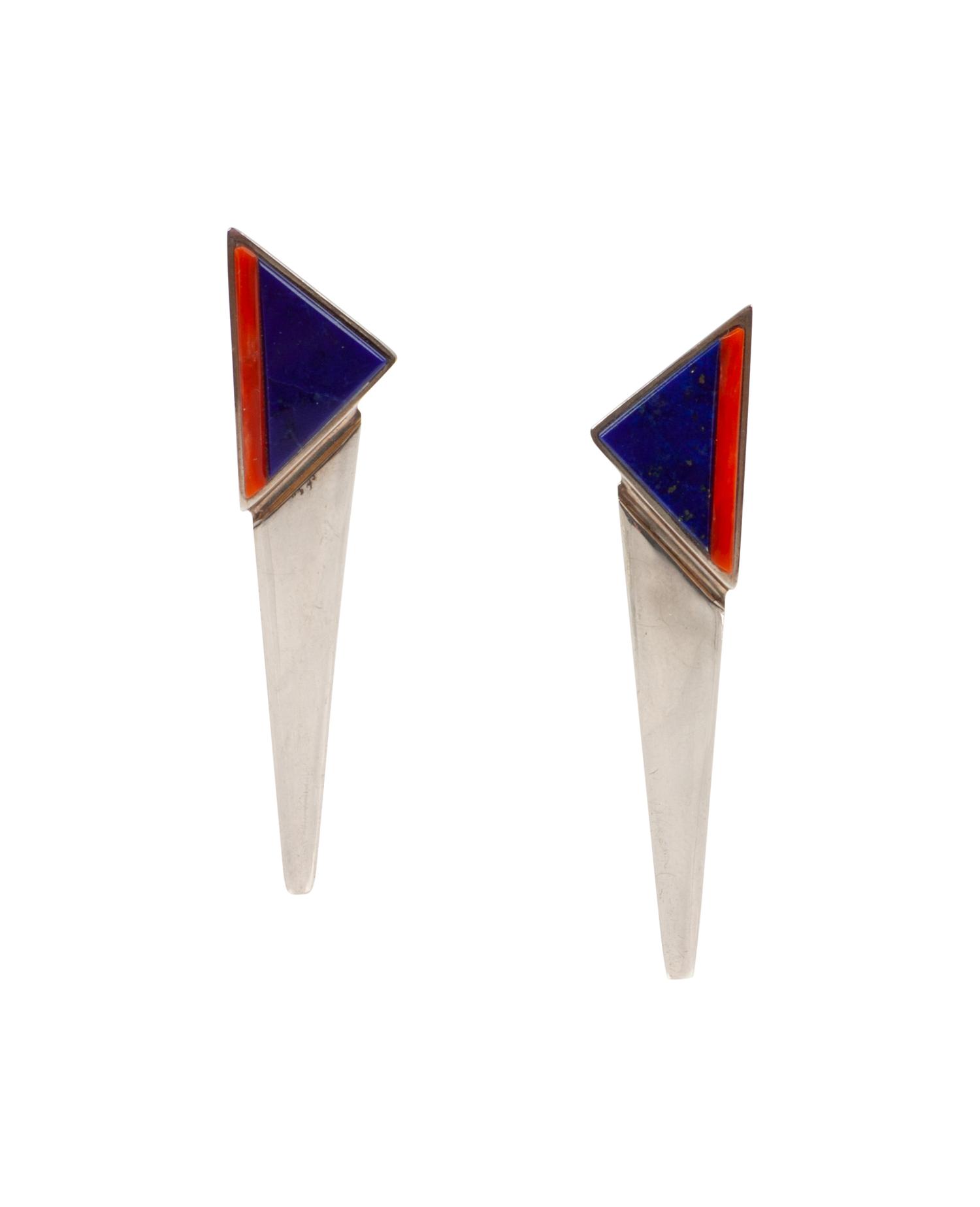 Sterling Silver Necklace and Earrings Set, with Coral and Lapis Inlay