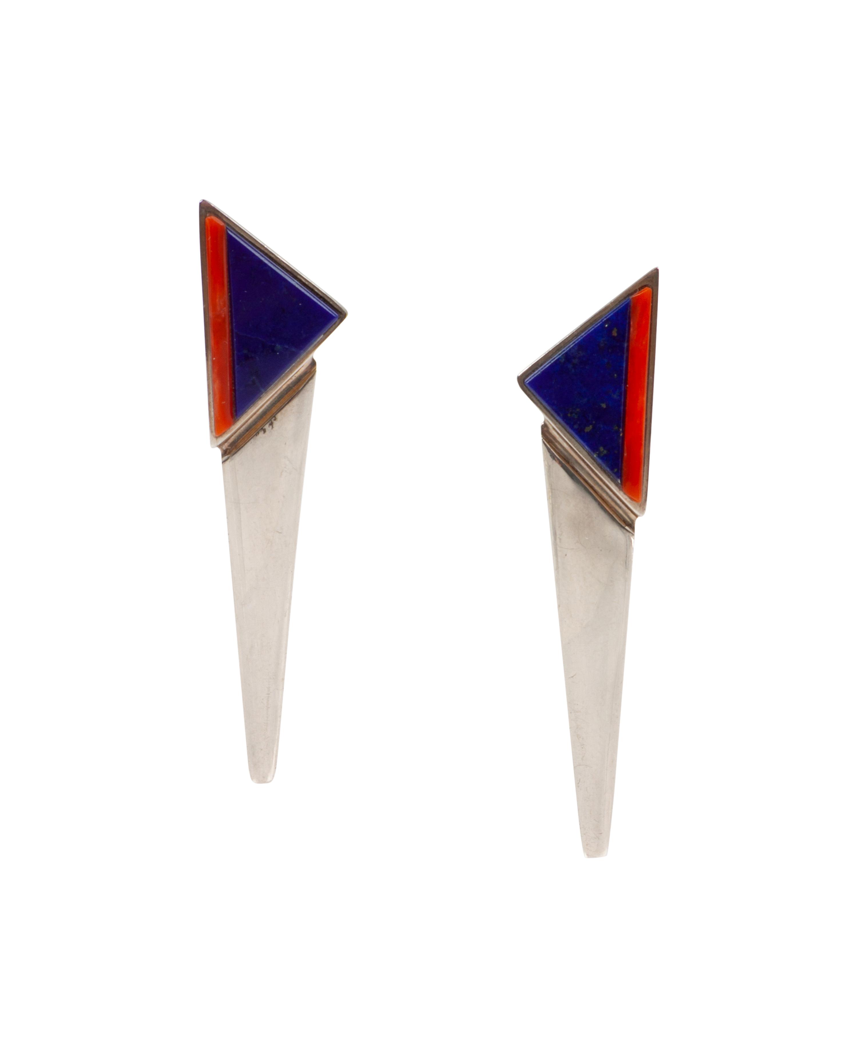 Sterling Silver Necklace and Earrings Set, with Coral and Lapis Inlay