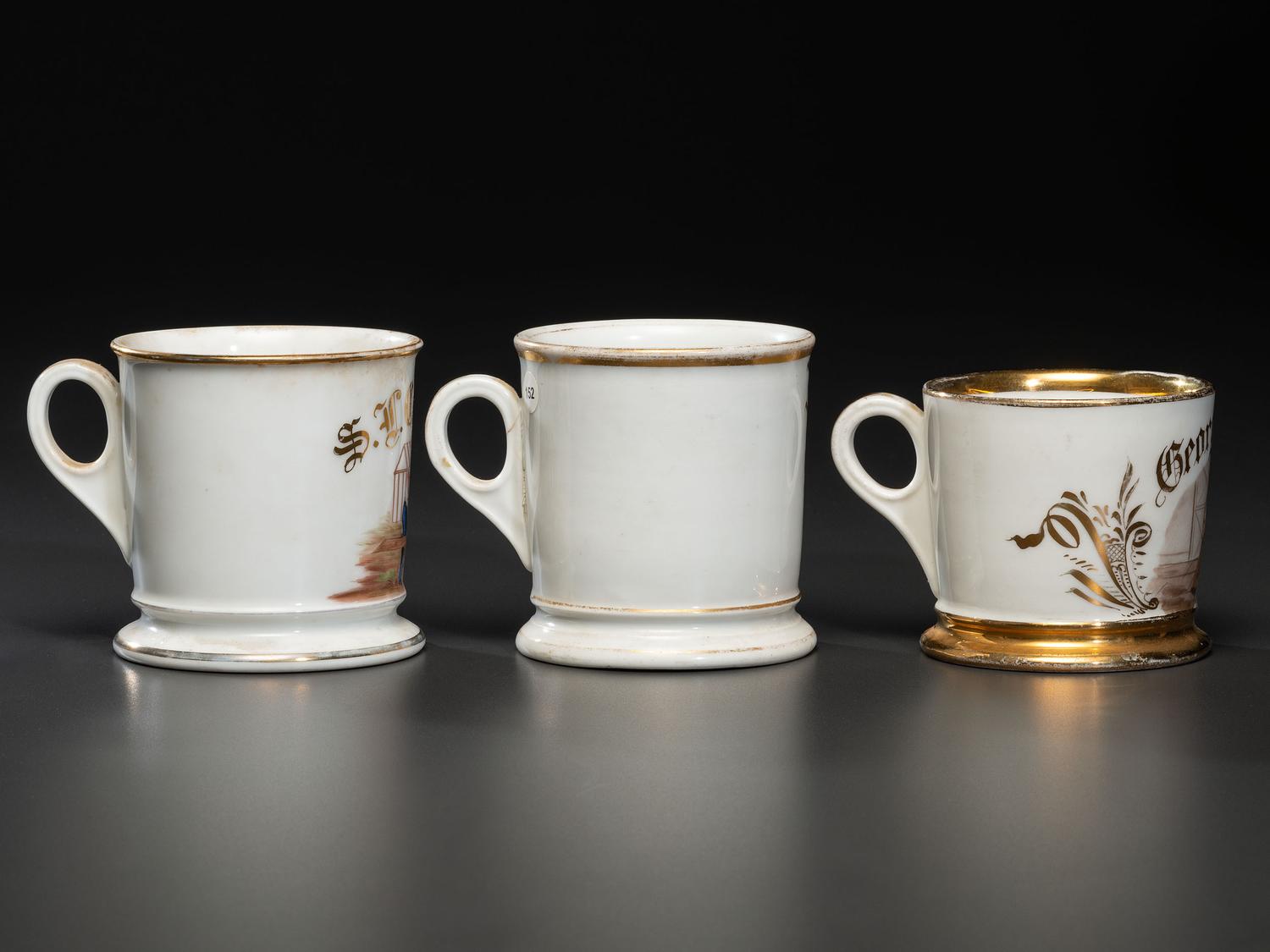 Three Carpentry Related Porcelain Occupational Shaving Mugs