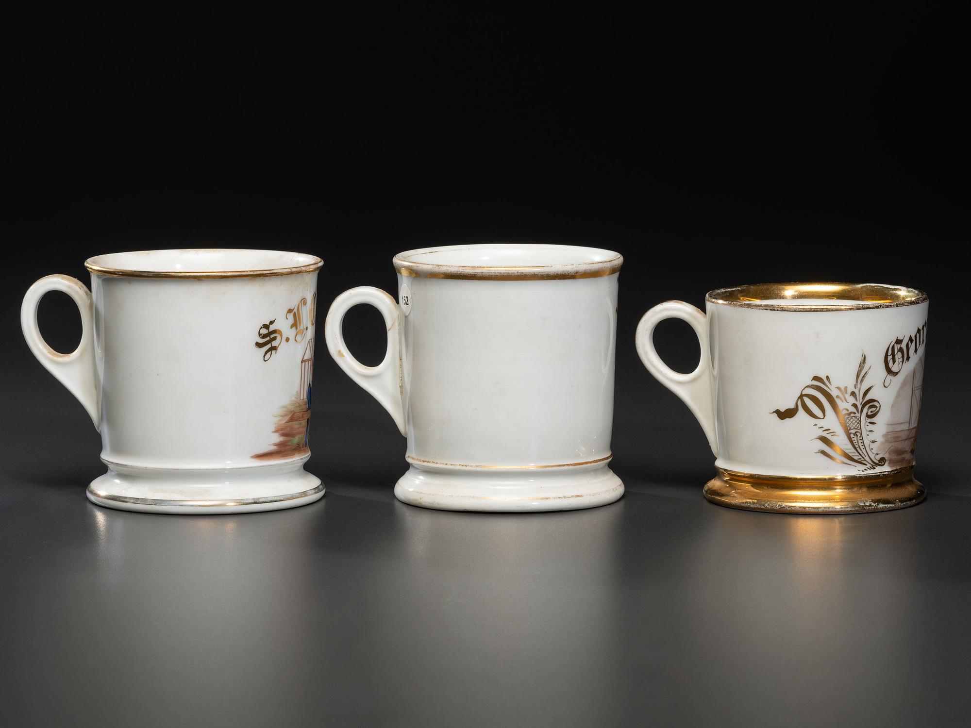 Three Carpentry Related Porcelain Occupational Shaving Mugs