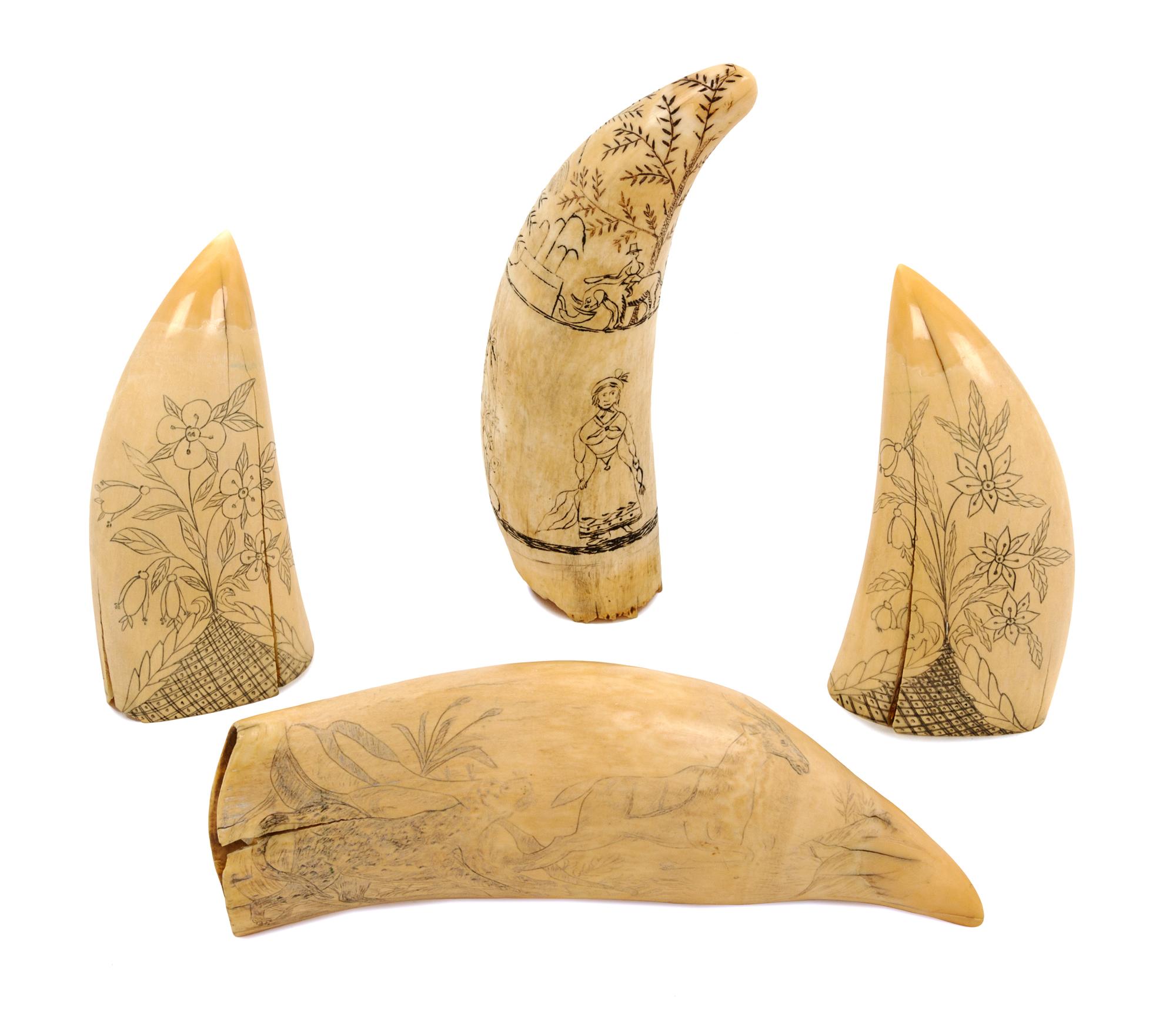 Four Engraved Scrimshaw Whale Teeth Height of tallest 6 3/4 inches. — 18TH AND 19TH CENTURY