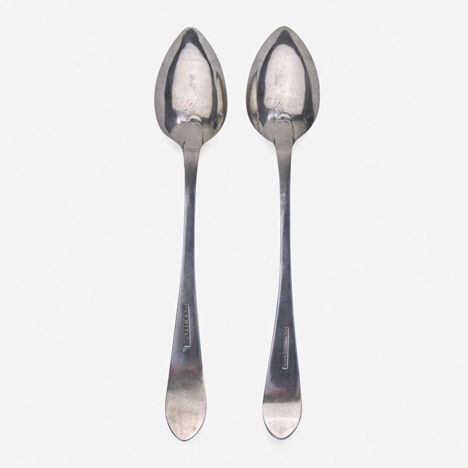 A large collection of twenty-five bird-back and fancy-back teaspoons Various makers, Lancaster, Reading, Philadelphia, PA, and Burlington, NJ, circa 1780-1820