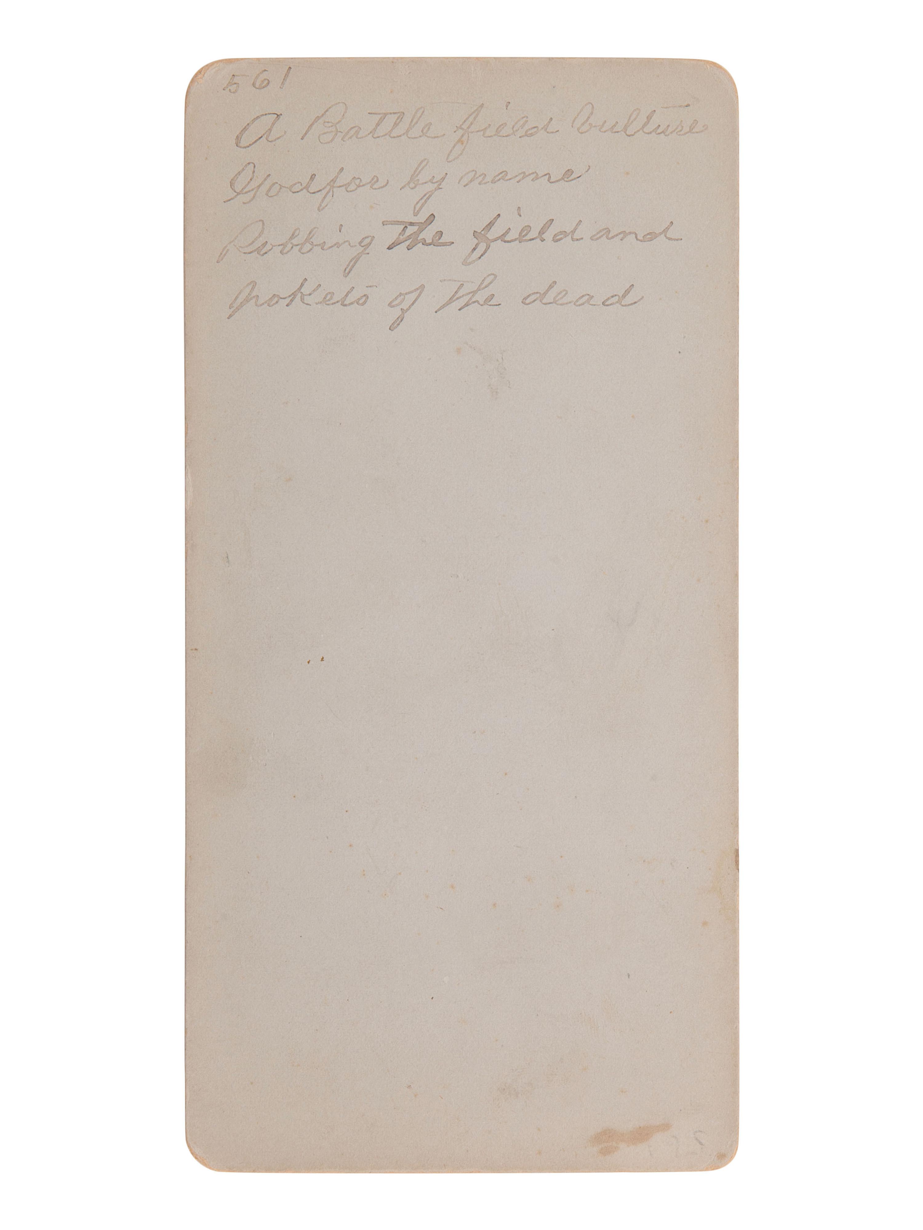 [CIVIL WAR- Gettysburg]. Rare stereoview of a "Battlefield Vulture" who was caught "Robbing the field and pockets of the dead."