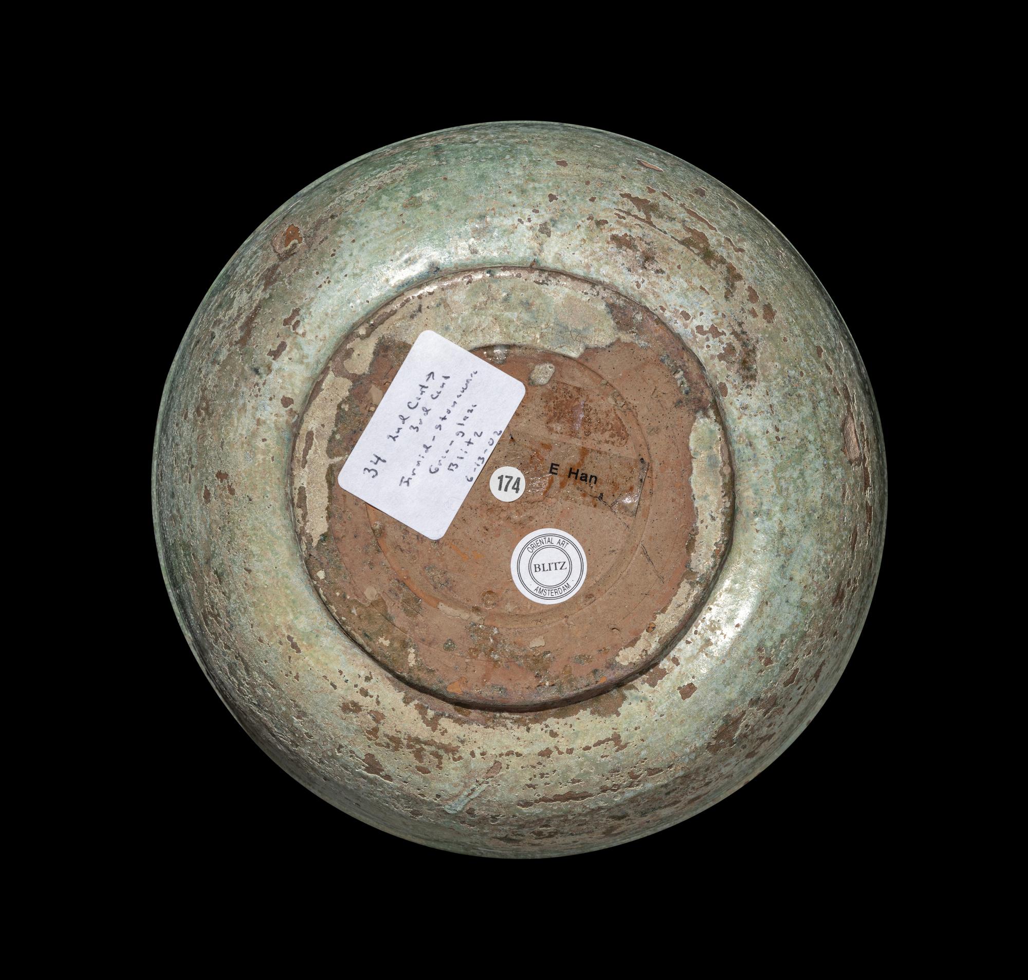 A Chinese Silver Iridescent Green Glazed Pottery Bowl