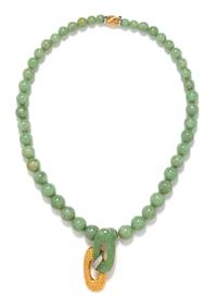 An 18 Karat Yellow Gold, Jade and Diamond Pendant/Brooch and Bead Necklace, 93.75 dwts.