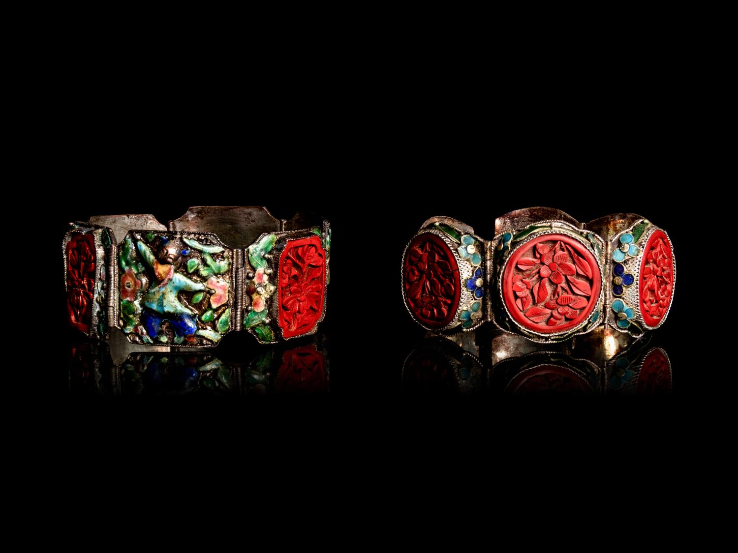 Six Chinese Red Lacquer Inset Metal Jewelry