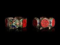 Six Chinese Red Lacquer Inset Metal Jewelry