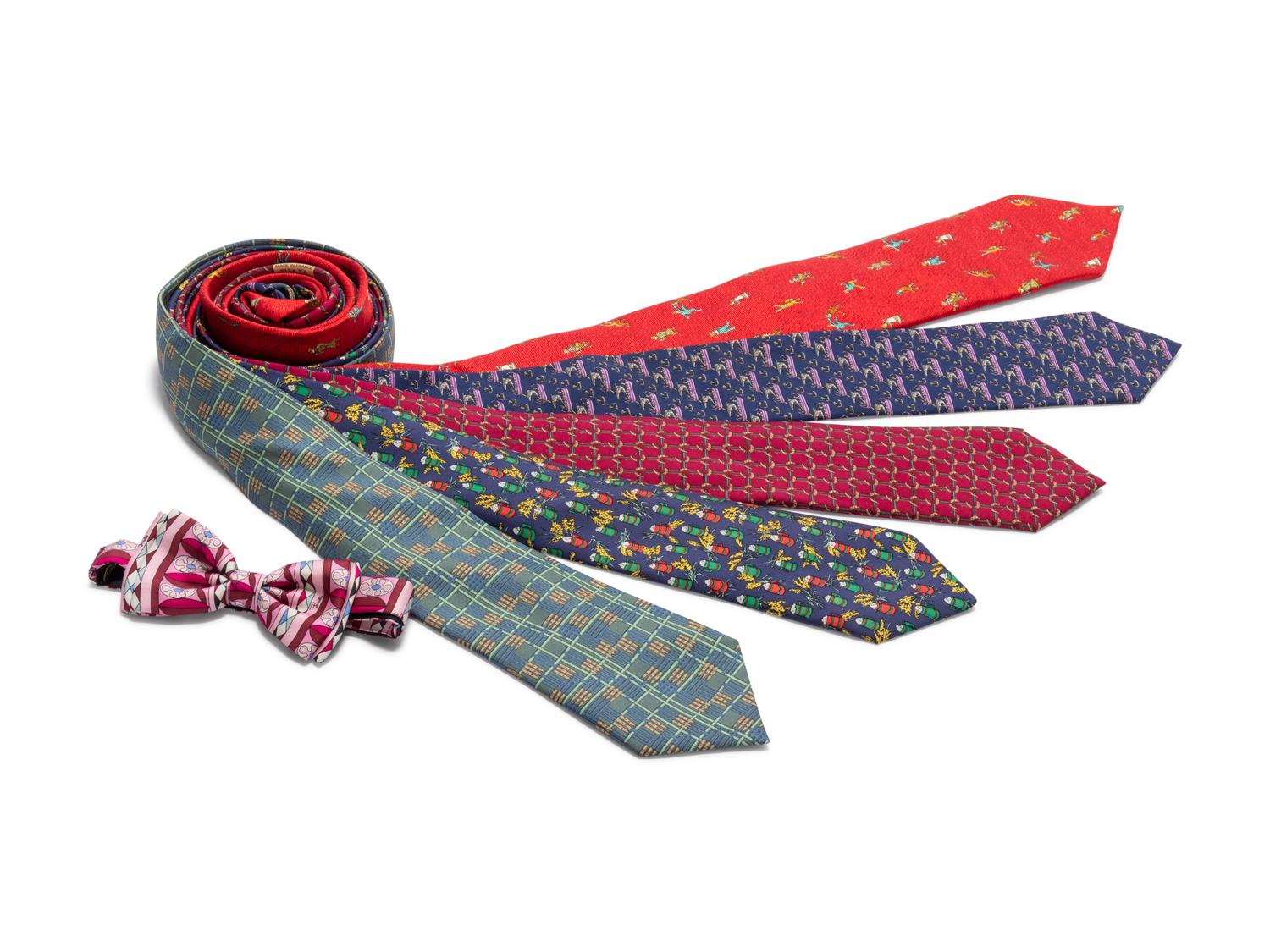 A Group of Men's Ties: One Bvlgari, One Thomas Pink, Three Hermès, One Pucci Bowtie