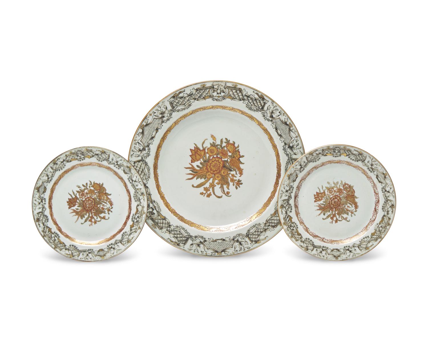 A Group of Three Chinese Export Porcelain Grisaille Palette Dishes