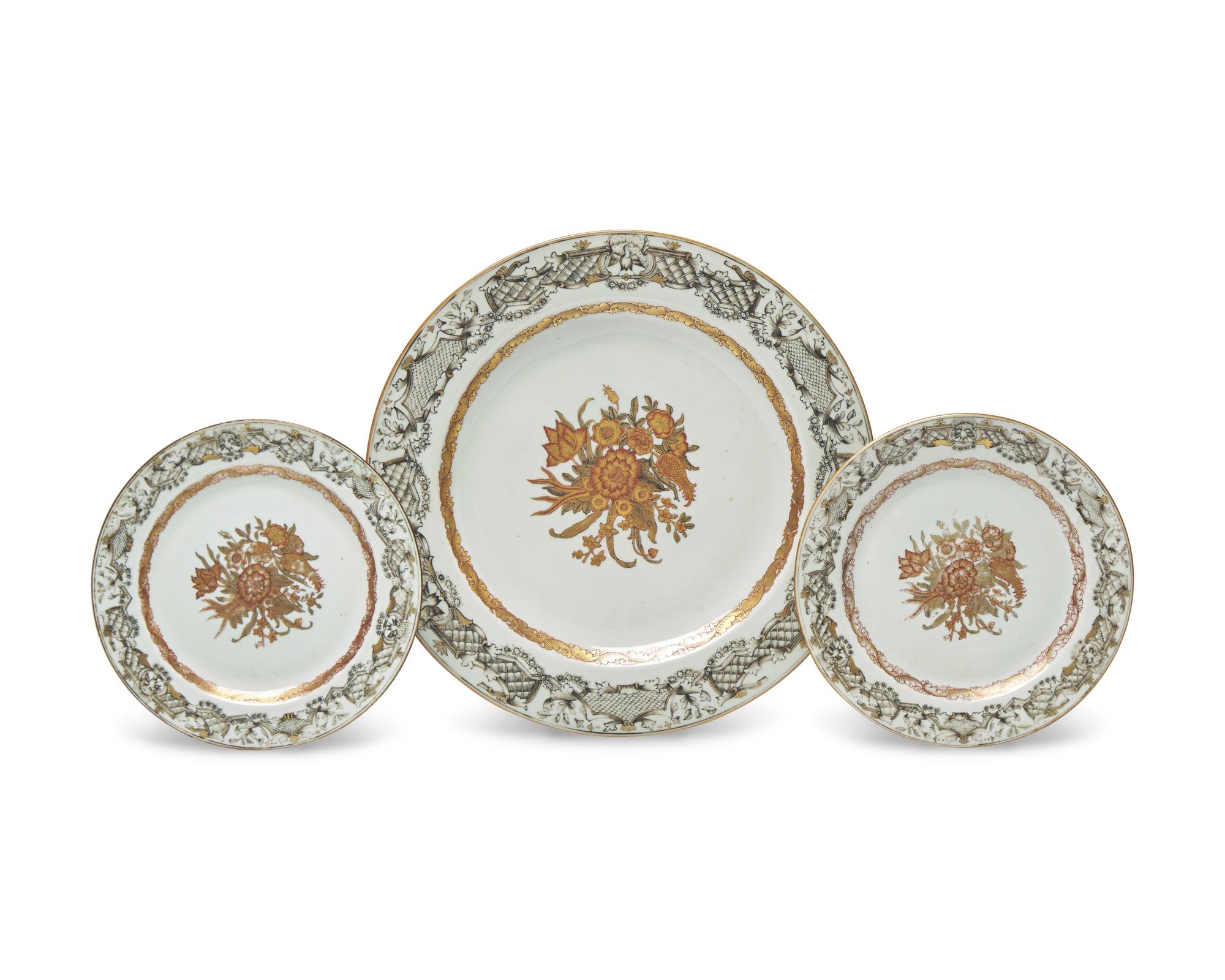 A Group of Three Chinese Export Porcelain Grisaille Palette Dishes