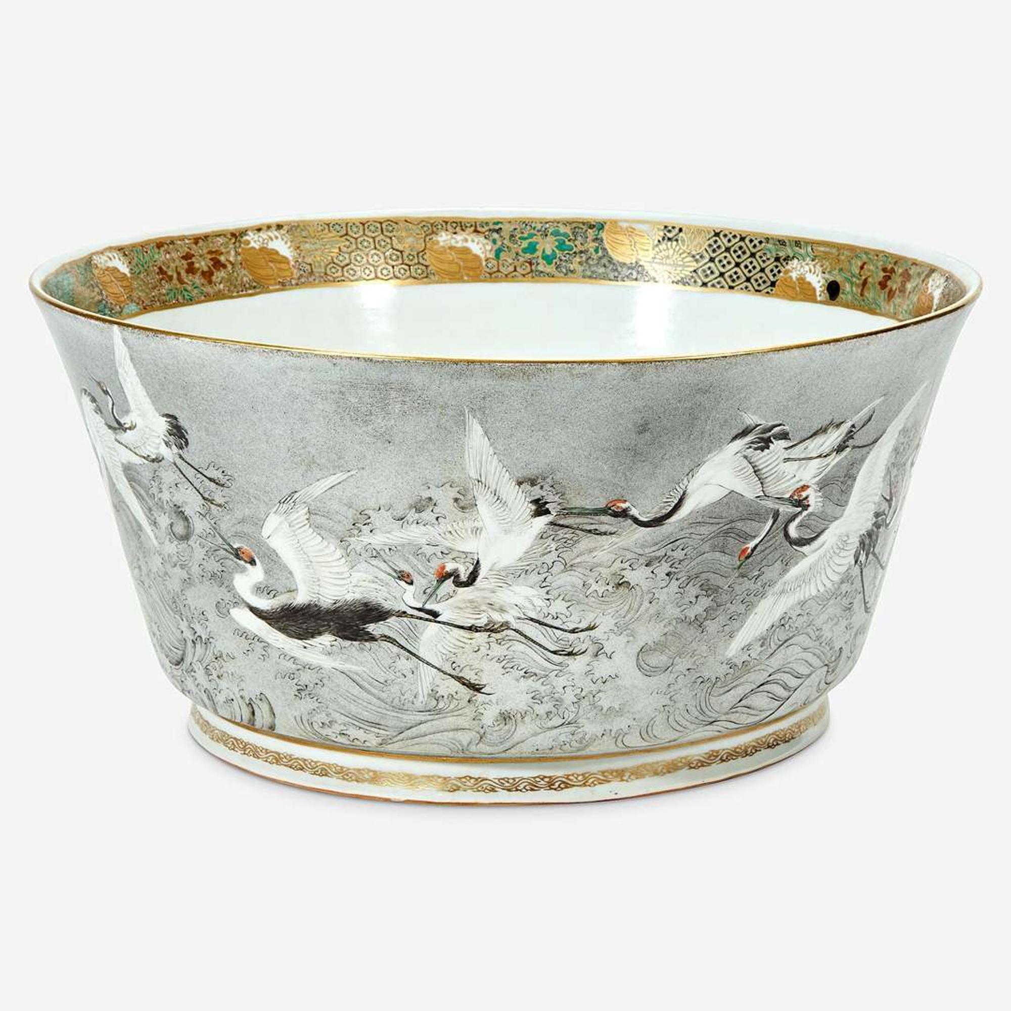 A large Japanese enameled porcelain "Cranes and Waves" bowl, Kanzan Denshichi (1821-Circa 1890) Meiji period, late 19th Century