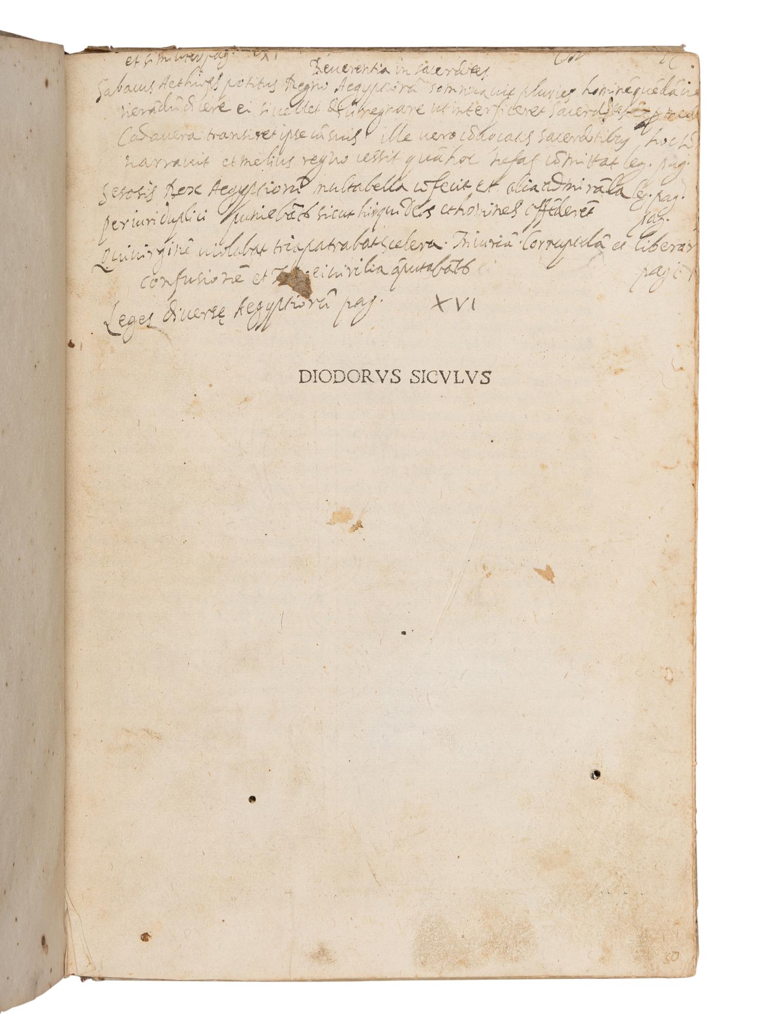 DIODORUS Siculus (fl. 60-30 B.C.). Bibliothecae historicae libri VI . Translated Poggius Florentinus, edited by Bartholomaeus Merula. Venice: Johannes Tacuinus, de Tridino, 20 September 1496.