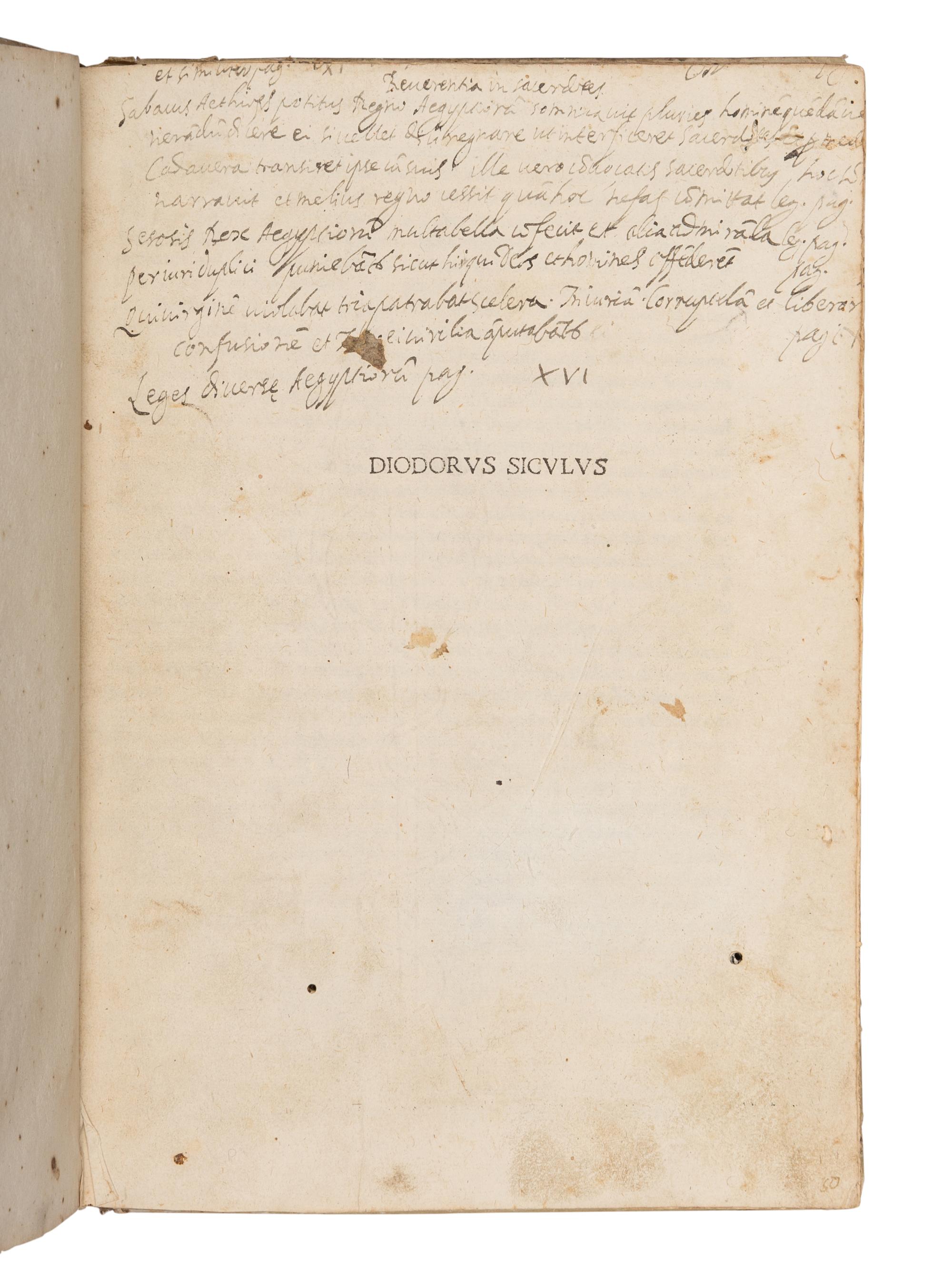 DIODORUS Siculus (fl. 60-30 B.C.). Bibliothecae historicae libri VI . Translated Poggius Florentinus, edited by Bartholomaeus Merula. Venice: Johannes Tacuinus, de Tridino, 20 September 1496.