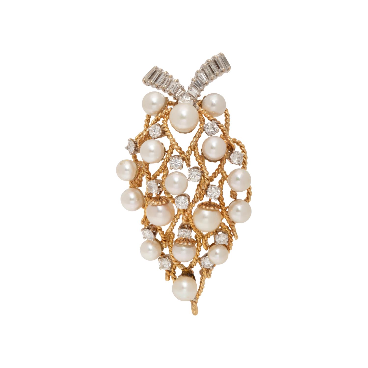 DIAMOND AND CULTURED PEARL BROOCH