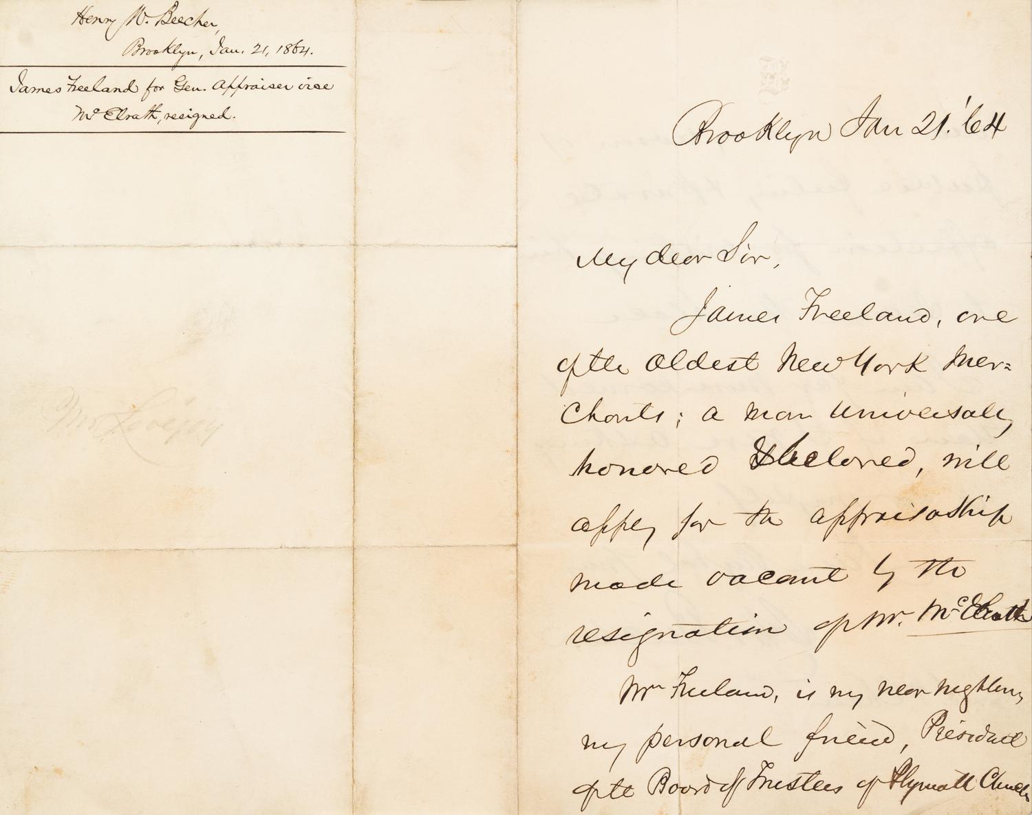 BEECHER, HENRY WARD. ALS, 2pp, January 21, 1864.