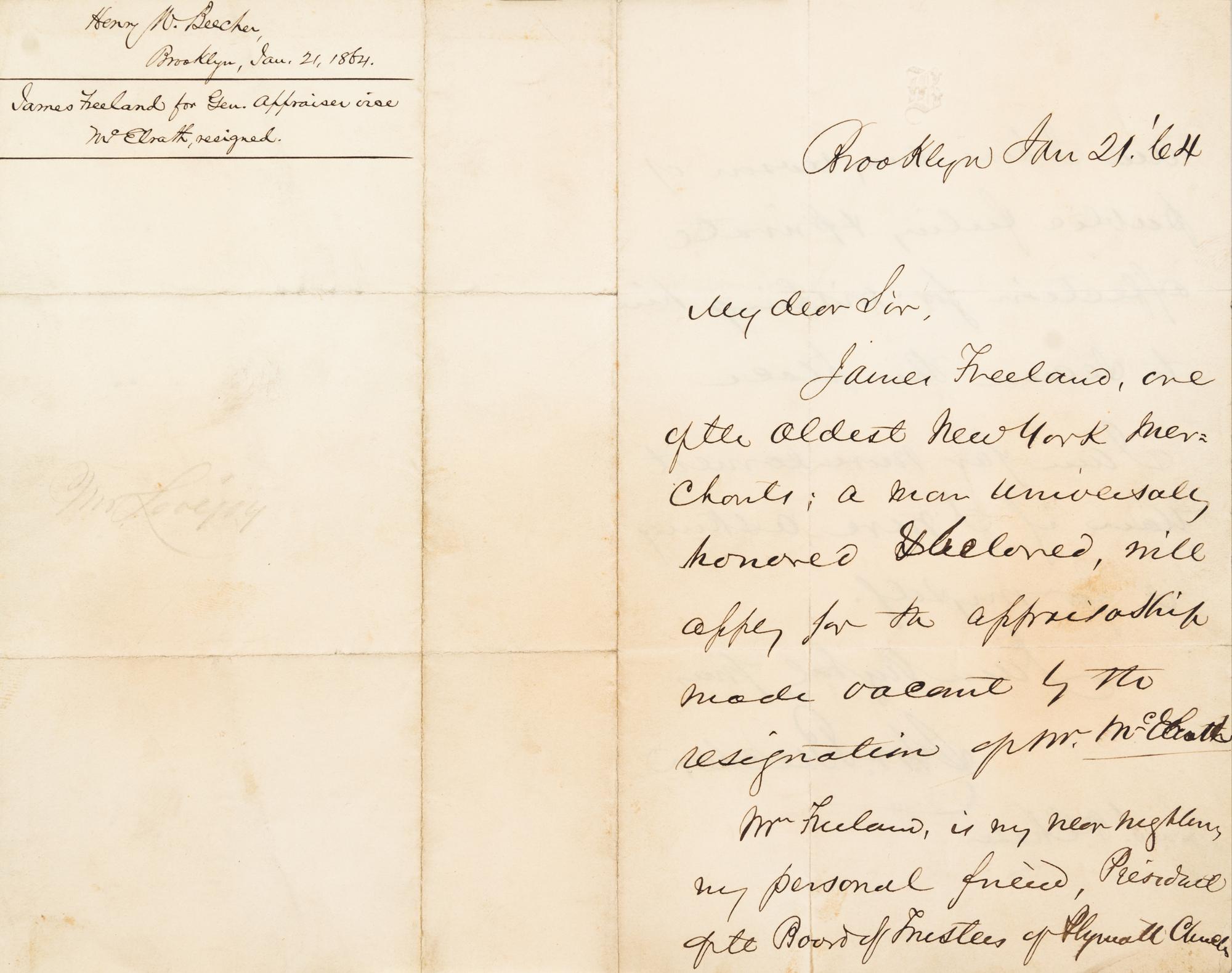 BEECHER, HENRY WARD. ALS, 2pp, January 21, 1864.