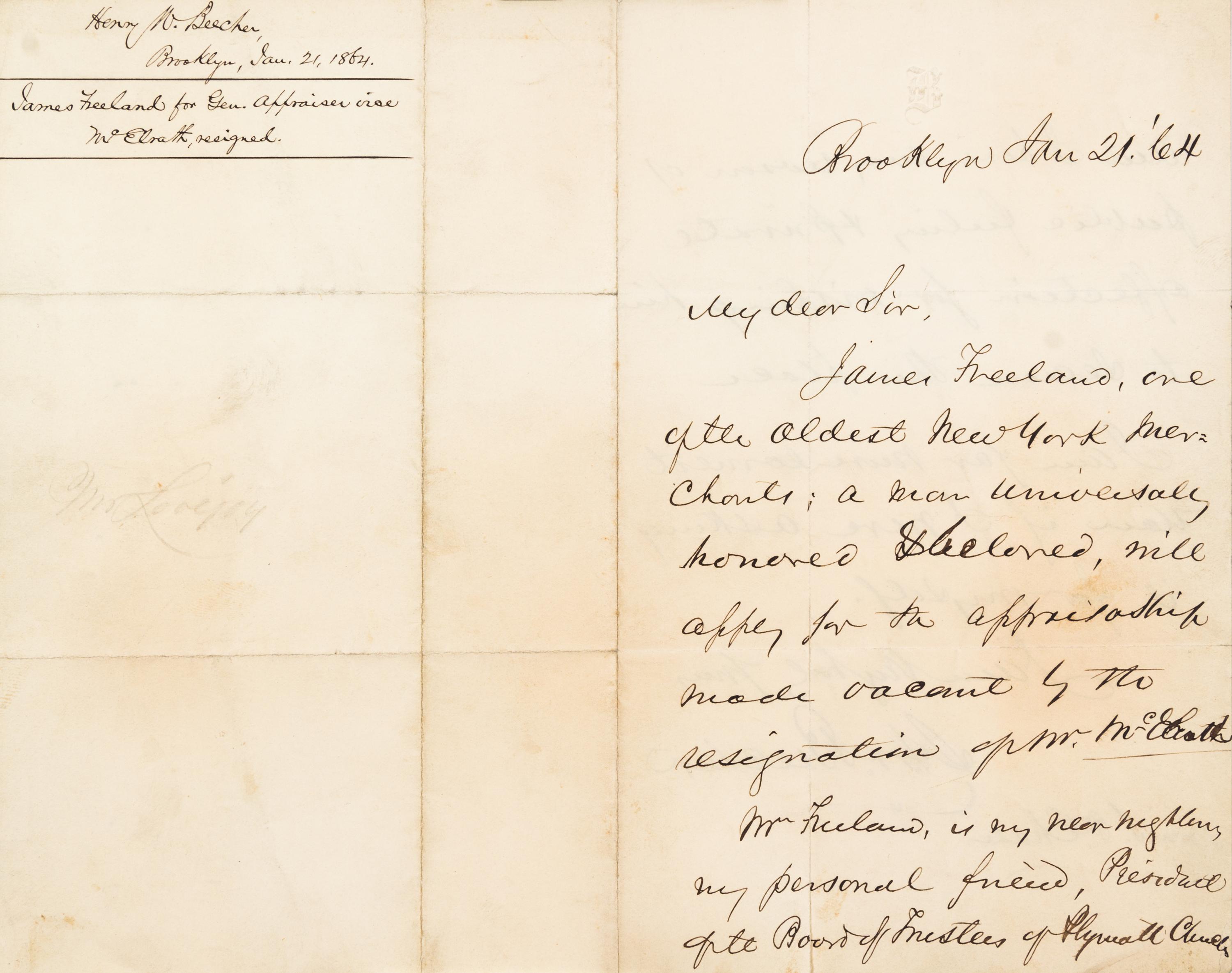 BEECHER, HENRY WARD. ALS, 2pp, January 21, 1864.