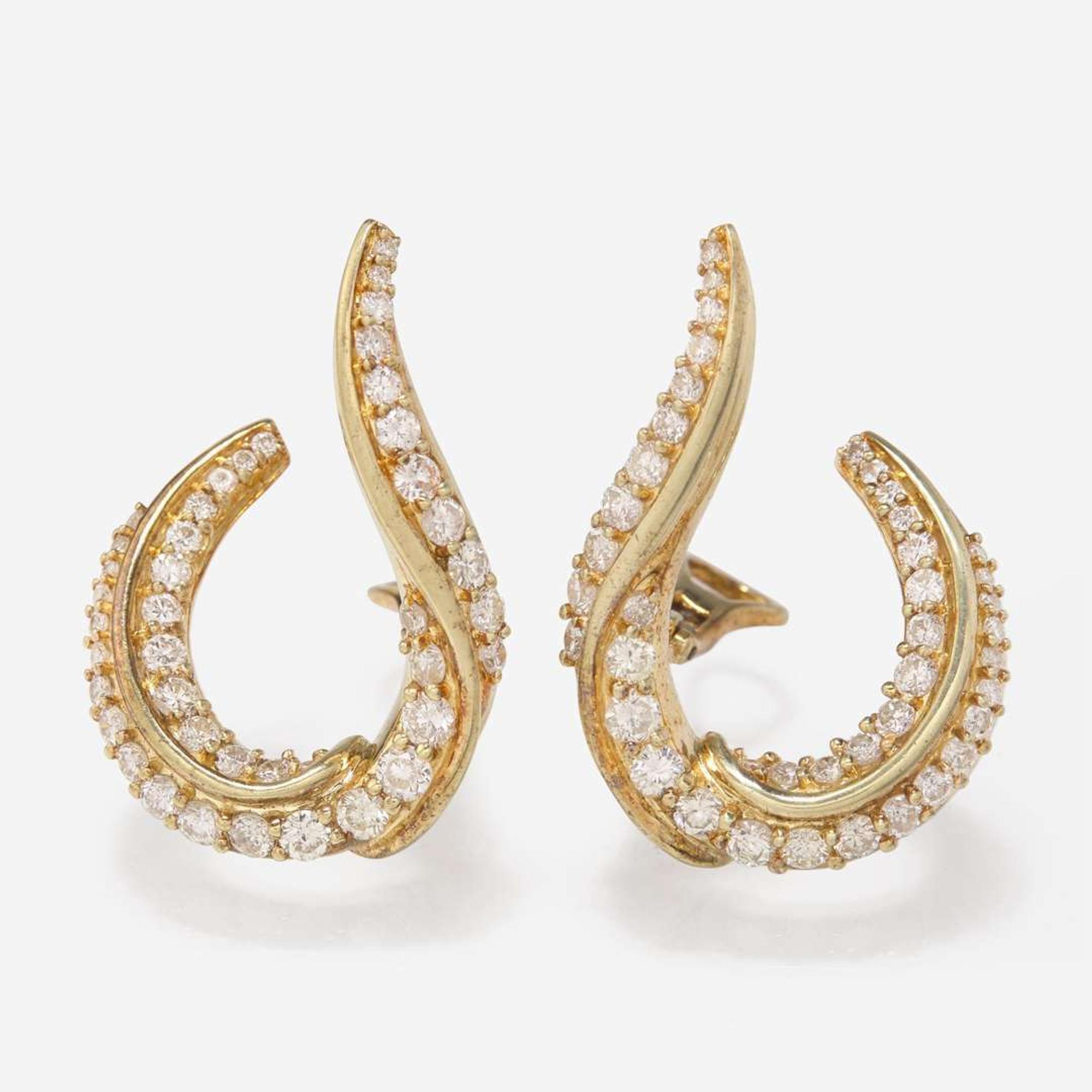 A Pair of 14K Yellow Gold and Diamond Earrings by Jose Hess