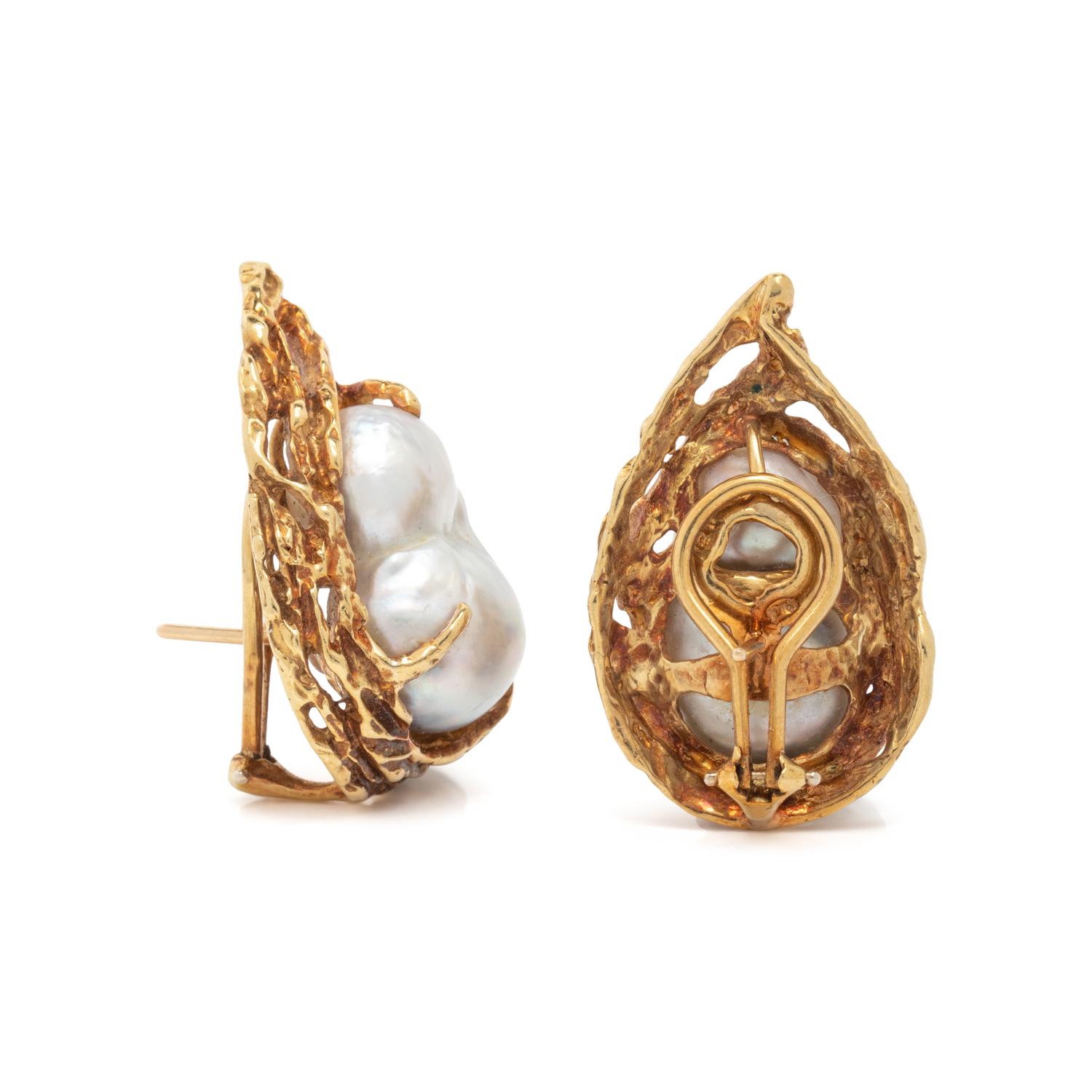 ARTHUR KING, BAROQUE CULTURED PEARL AND GOLD EARRINGS