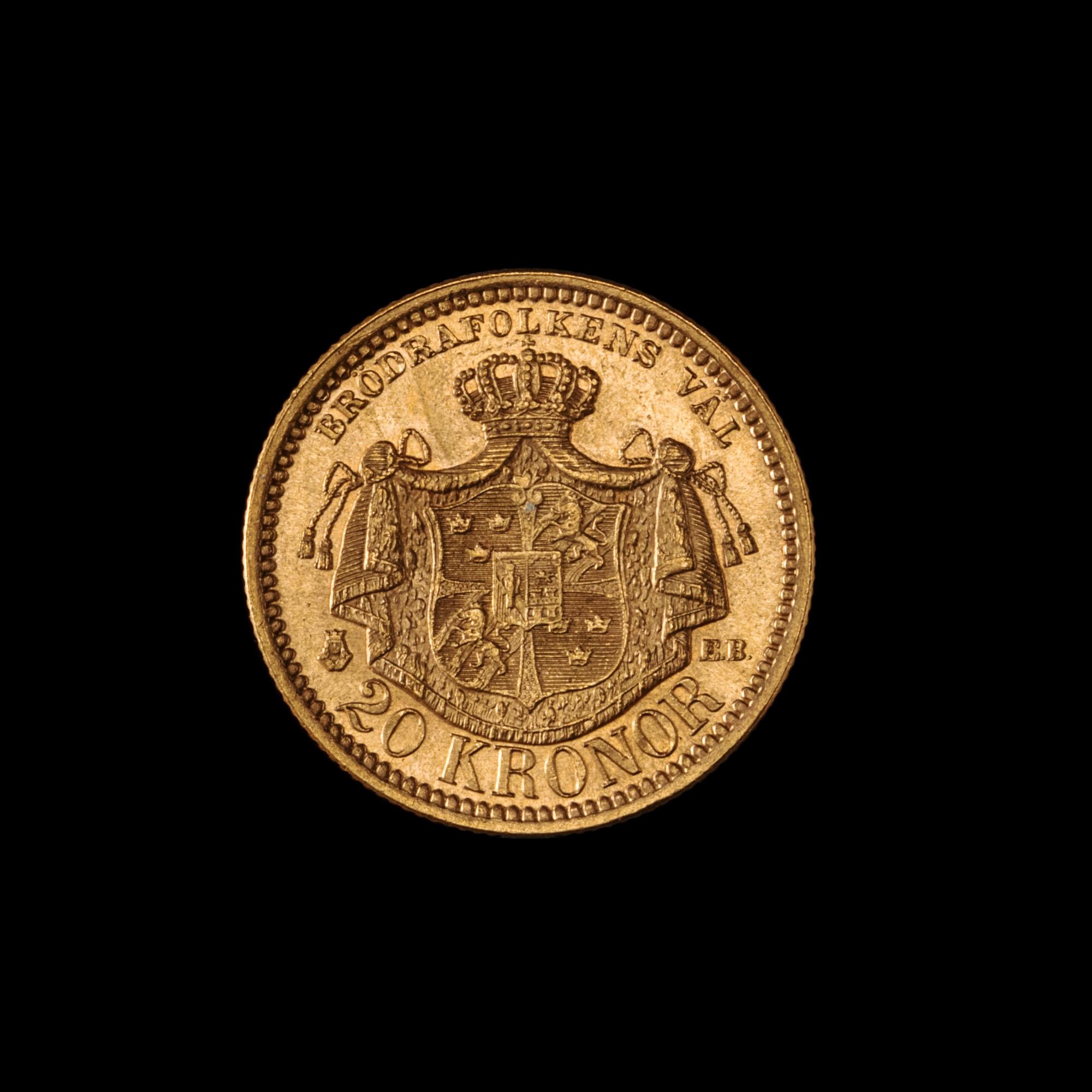 A United Kingdoms of Sweden & Norway 1886 Oscar II 20 Krona Gold Coin