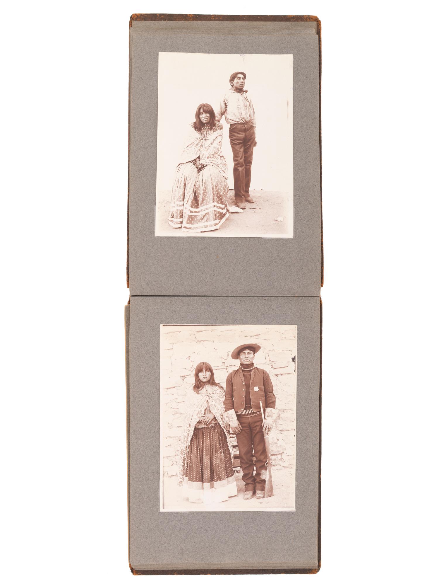 [NATIVE AMERICANS]. JONES, John Edward (1863-1922), photographer. Album containing 50 photographs of the San Carlos Indian Agency, including Apache civilians and police, agency buildings and dwellings, and scenic views. Ca 1904.