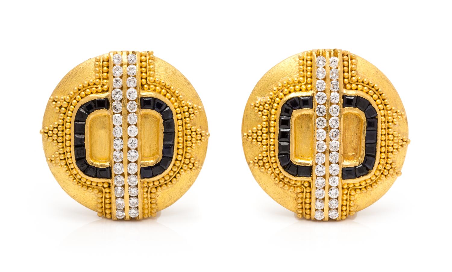 A Pair of High Karat Yellow Gold, Diamond and Sapphire Earclips, Hilat, 15.35 dwts.
