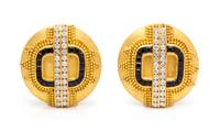 A Pair of High Karat Yellow Gold, Diamond and Sapphire Earclips, Hilat, 15.35 dwts.