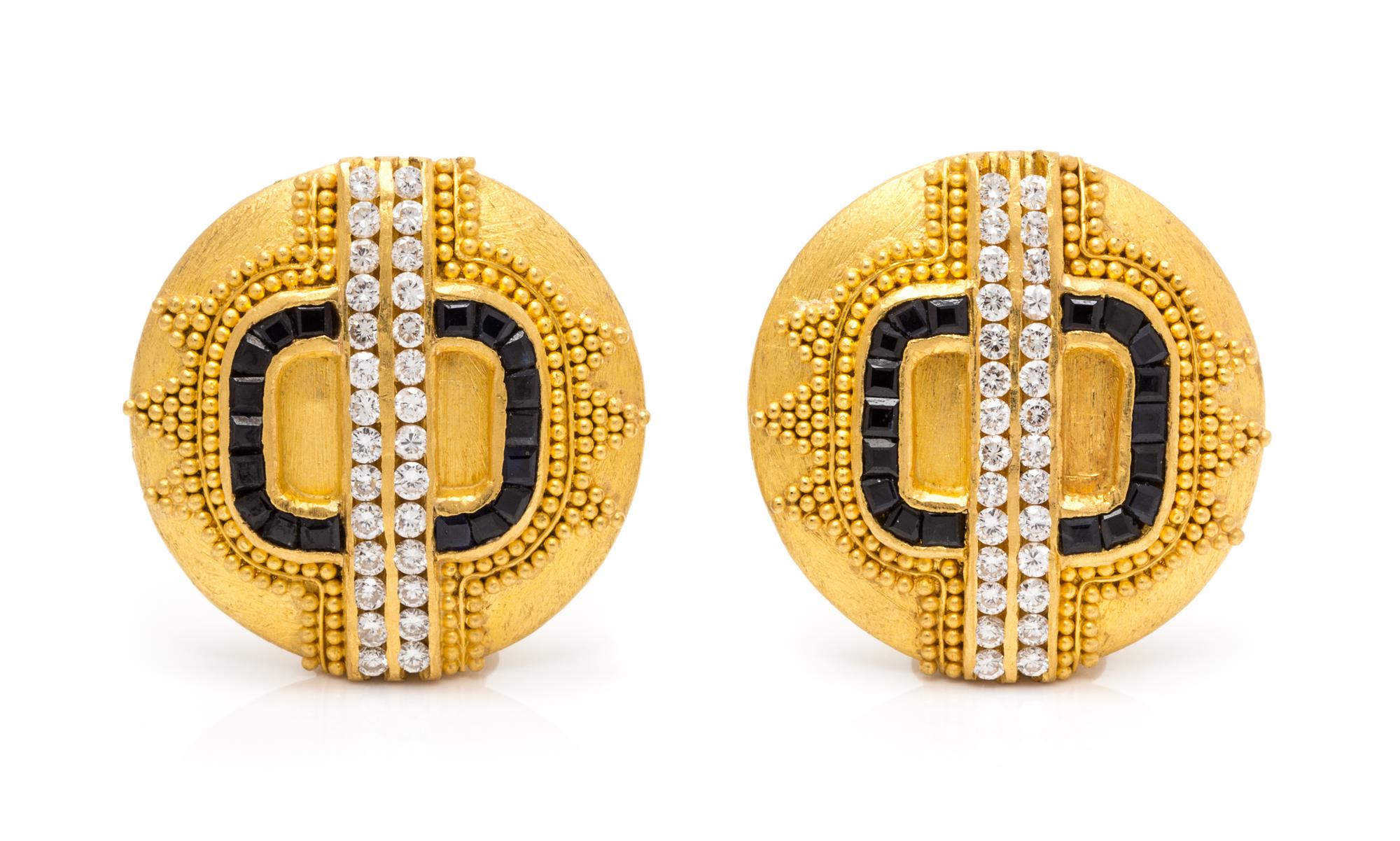 A Pair of High Karat Yellow Gold, Diamond and Sapphire Earclips, Hilat, 15.35 dwts.