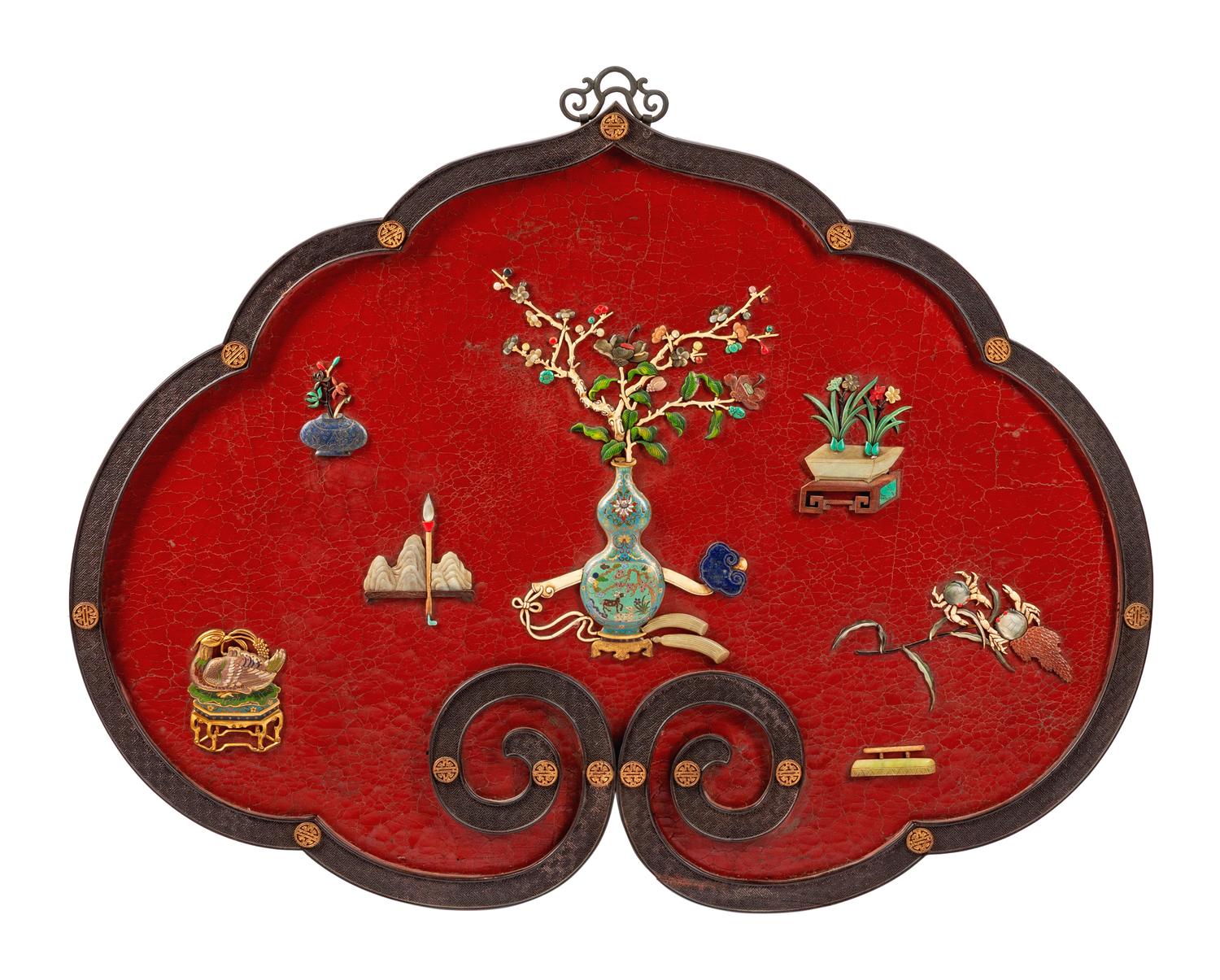 A Chinese Hardstone-Mounted Lacquer Panel