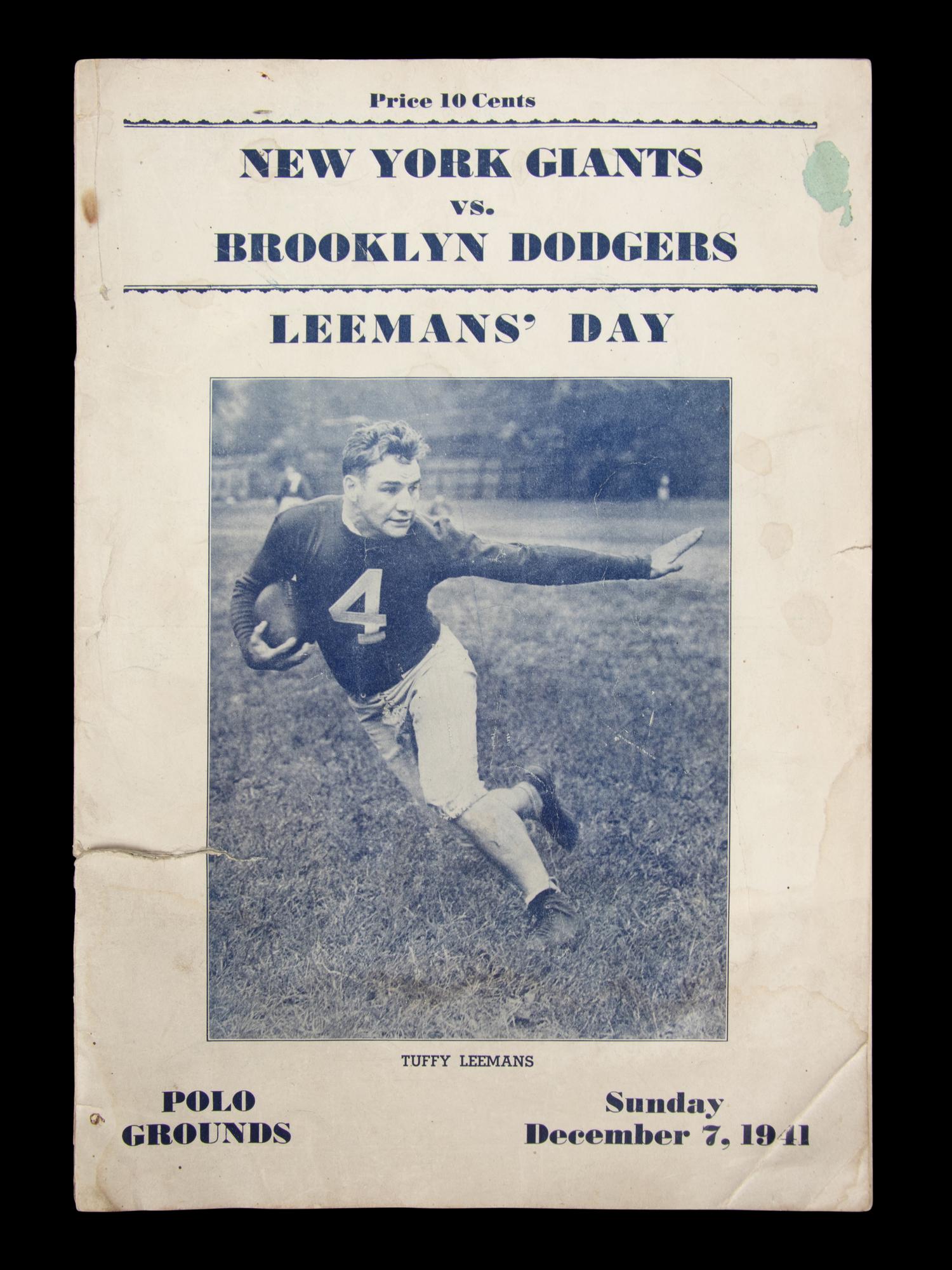 A Historic December 7, 1941 Leeman’s Day New York Giants vs. Brooklyn Dodgers Football Program (Pearl Harbor Day)