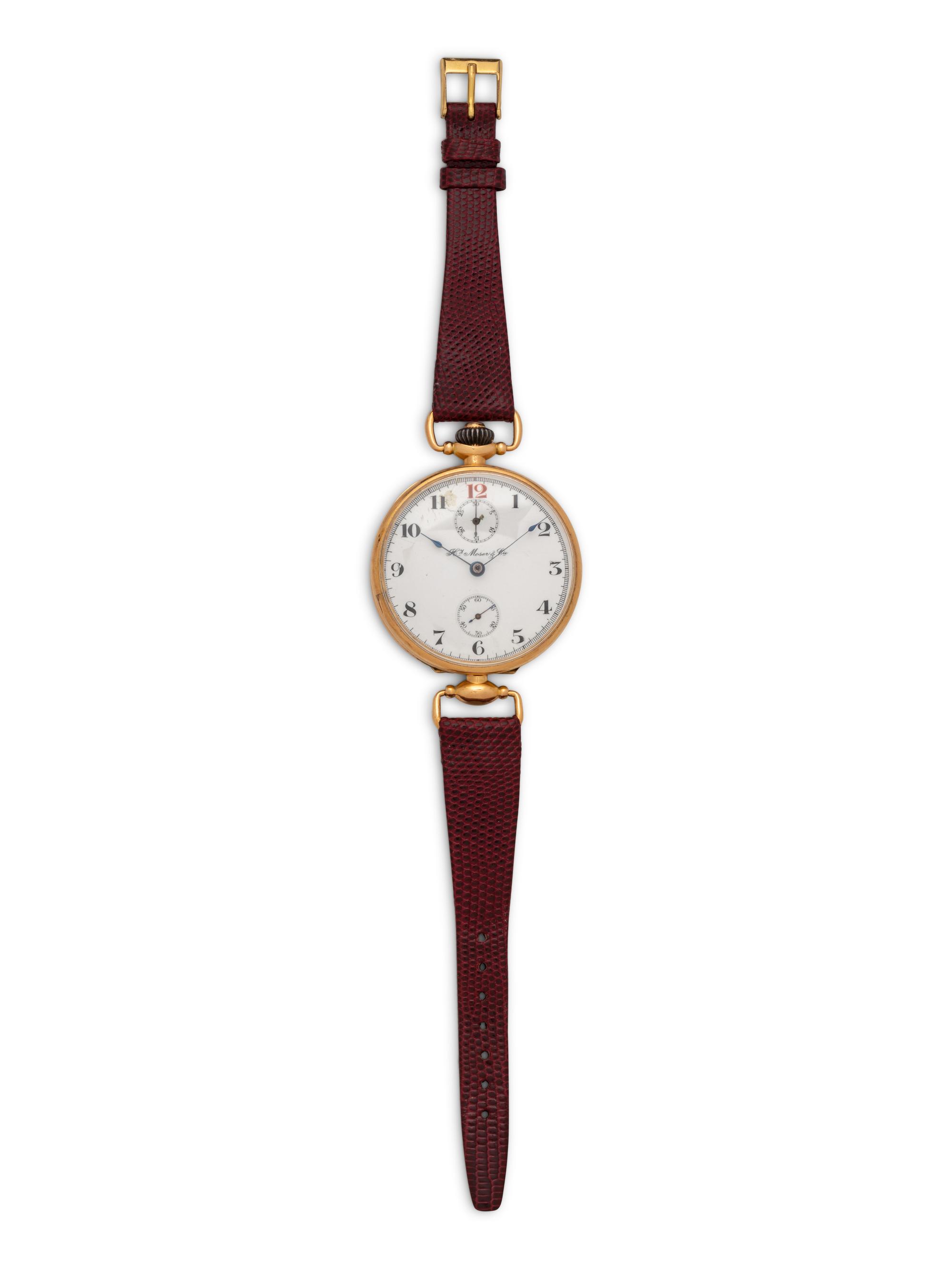 H. MOSER & CIE, 14K YELLOW GOLD AND ENAMEL WATCH