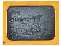 [WESTERN AMERICANA - MINING]. JOHNSON, George M., photographer. Half plate daguerreotype of California gold miners. Ca 1852.